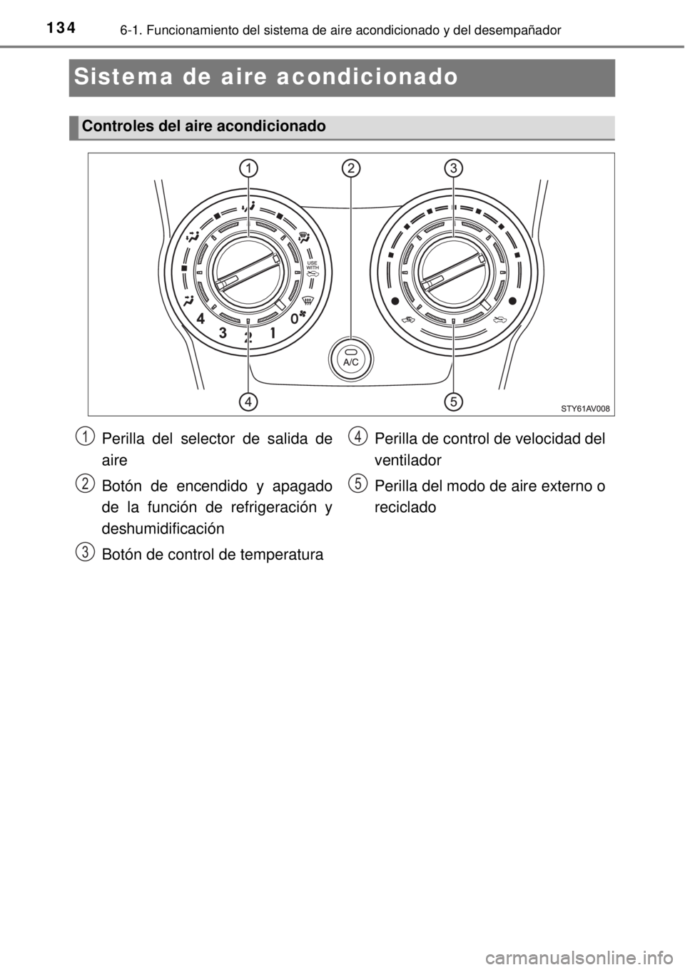 TOYOTA AVANZA 2018  Manual del propietario (in Spanish) 1346-1. Funcionamiento del sistema de aire acondicionado y del desempañador
Sistema de aire acondicionado
Controles del aire acondicionado
Perilla del selector de salida de
aire
Botón de encendido y