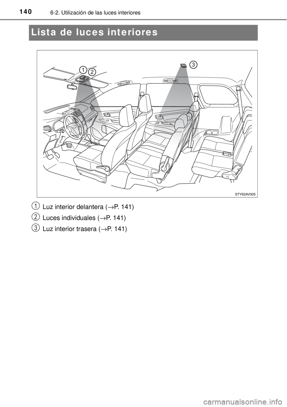 TOYOTA AVANZA 2018  Manual del propietario (in Spanish) 1406-2. Utilización de las luces interiores
Lista de luces interiores
Luz interior delantera (→P. 141)
Luces individuales (→P. 141)
Luz interior trasera (→P. 141)1
2
3 