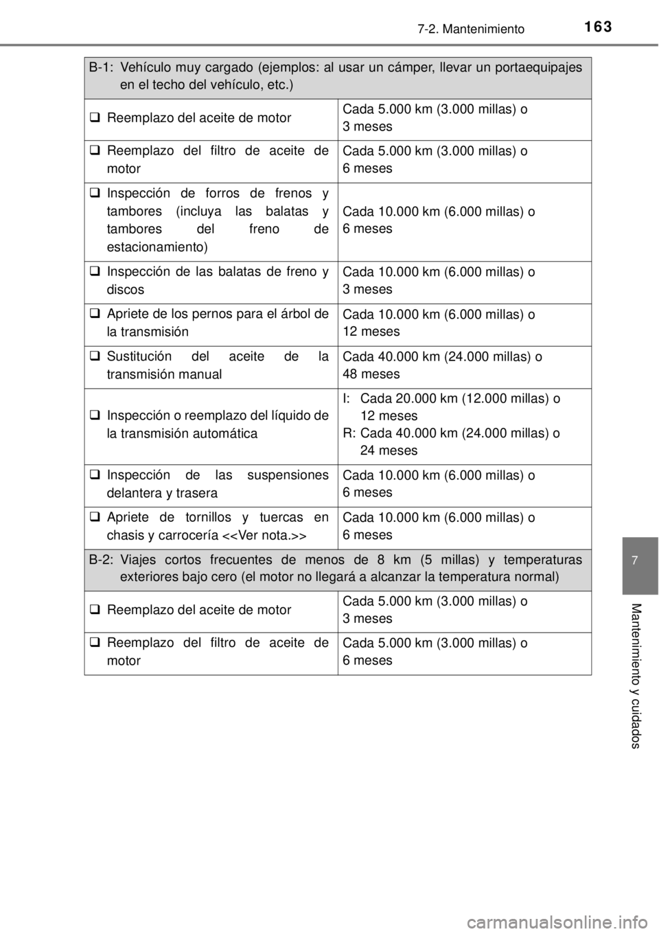 TOYOTA AVANZA 2018  Manual del propietario (in Spanish) 1637-2. Mantenimiento
7
Mantenimiento y cuidados
B-1: Vehículo muy cargado (ejemplos: al usar un cámper, llevar un portaequipajes
en el techo del vehículo, etc.)
Reemplazo del aceite de motorCad