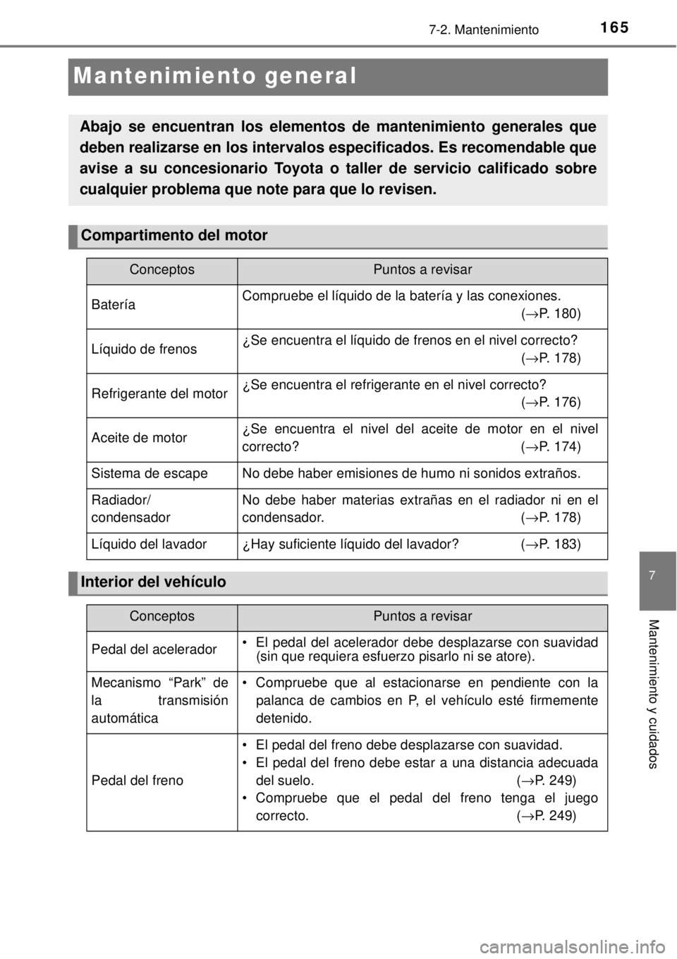 TOYOTA AVANZA 2018  Manual del propietario (in Spanish) 1657-2. Mantenimiento
7
Mantenimiento y cuidados
Mantenimiento general
Abajo se encuentran los elementos de mantenimiento generales que
deben realizarse en los intervalos especificados. Es recomendabl