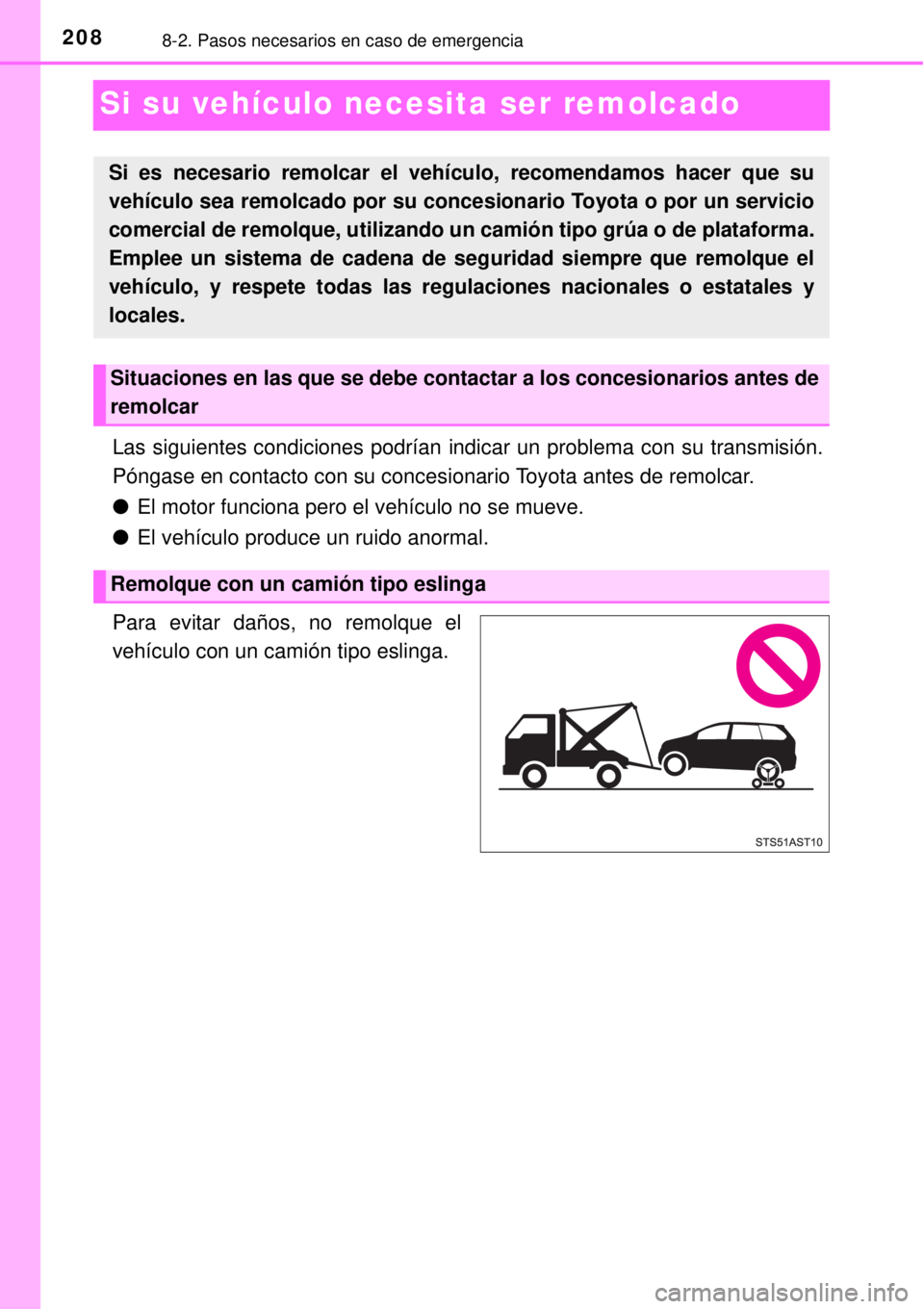 TOYOTA AVANZA 2018  Manual del propietario (in Spanish) 2088-2. Pasos necesarios en caso de emergencia
Si su vehículo necesita ser remolcado
Las siguientes condiciones podrían indicar un problema con su transmisión.
Póngase en contacto con su concesion