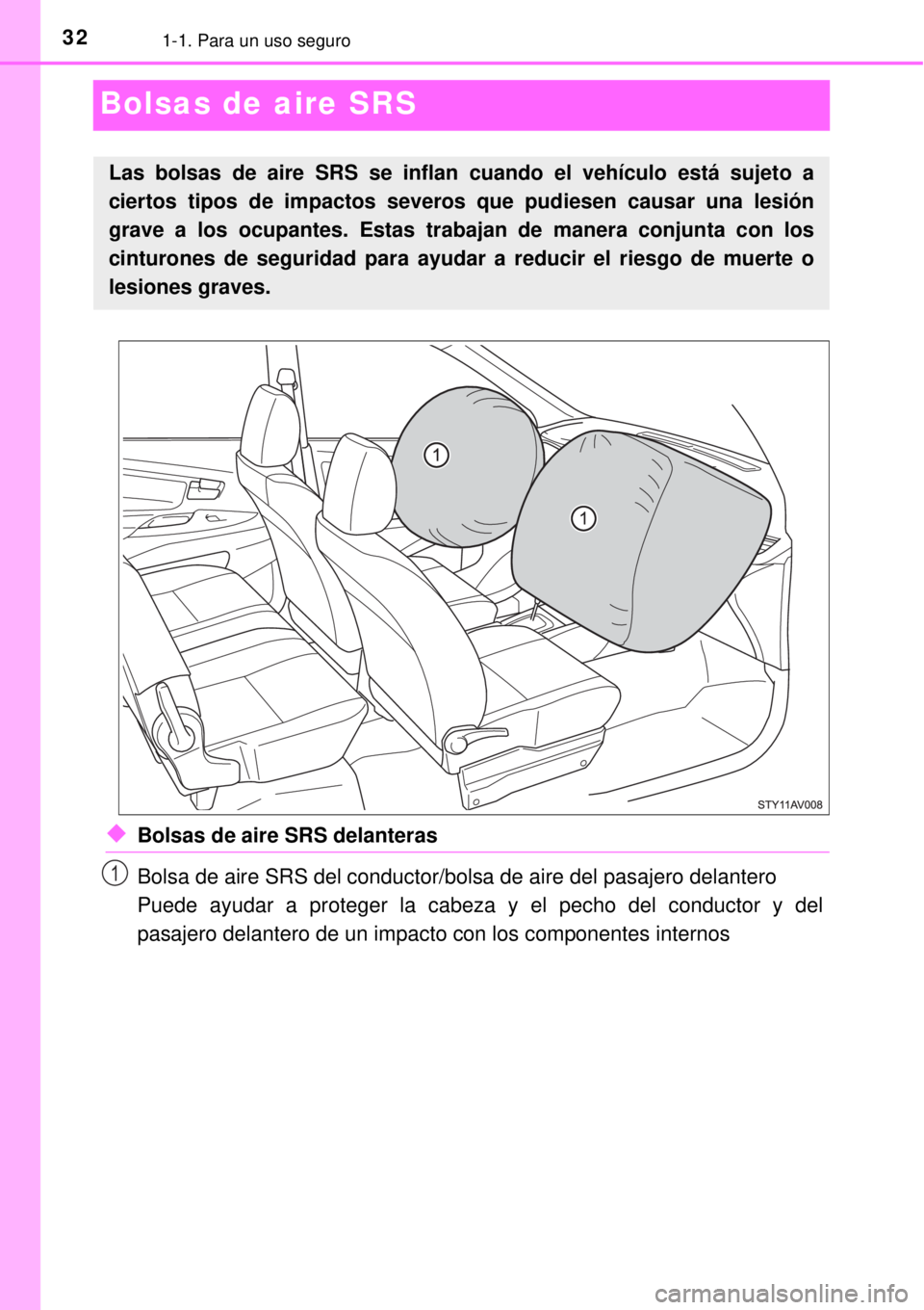TOYOTA AVANZA 2018  Manual del propietario (in Spanish) 321-1. Para un uso seguro
Bolsas de aire SRS
◆Bolsas de aire SRS delanteras
Bolsa de aire SRS del conductor/bolsa de aire del pasajero delantero
Puede ayudar a proteger la cabeza y el pecho del cond