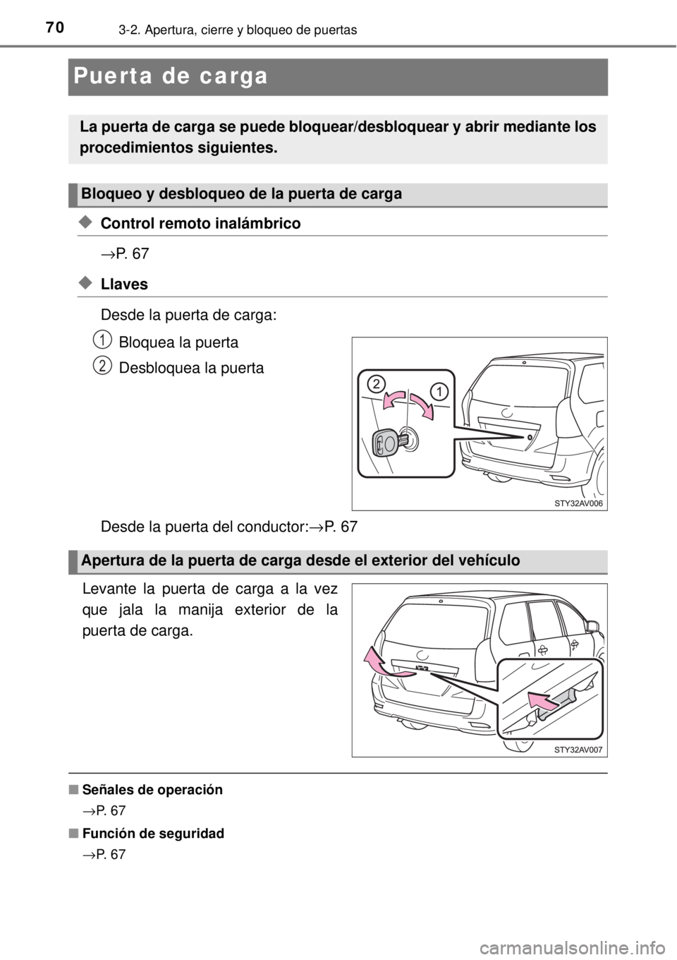 TOYOTA AVANZA 2018  Manual del propietario (in Spanish) 703-2. Apertura, cierre y bloqueo de puertas
Puerta de carga
◆Control remoto inalámbrico
→P.  6 7
◆Llaves
Desde la puerta de carga:
Bloquea la puerta
Desbloquea la puerta
Desde la puerta del co