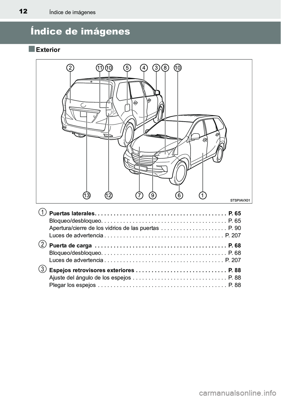 TOYOTA AVANZA 2016  Manual del propietario (in Spanish) 12Índice de imágenes
Índice de imágenes
■Exterior
Puertas laterales. . . . . . . . . . . . . . . . . . . . . . . . . . . . . . . . . . . . . . . . . .  P. 65
Bloqueo/desbloqueo. . . . . . . . . 