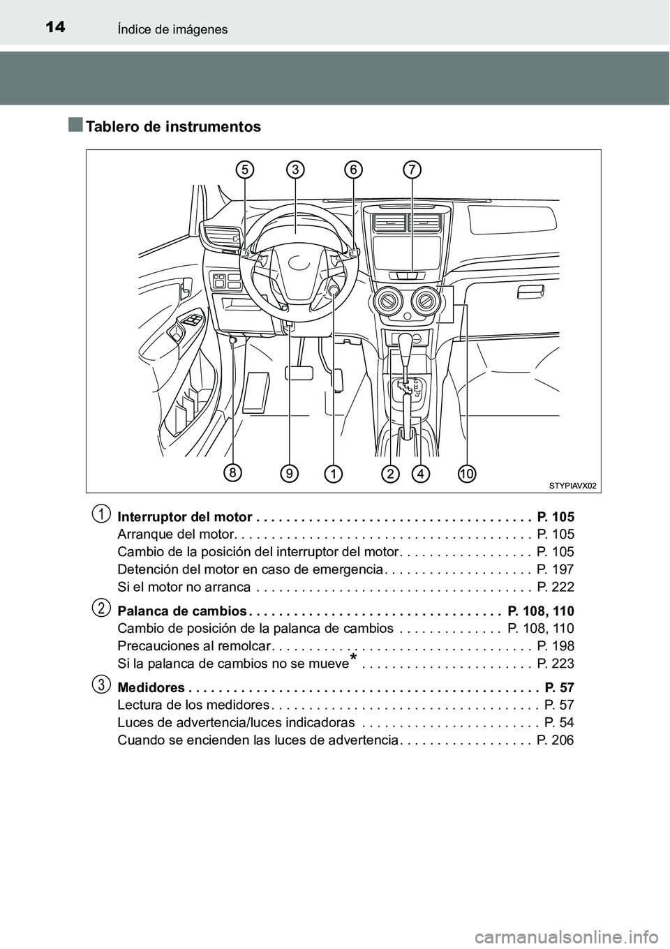TOYOTA AVANZA 2016  Manual del propietario (in Spanish) 14Índice de imágenes
■Tablero de instrumentos
Interruptor del motor . . . . . . . . . . . . . . . . . . . . . . . . . . . . . . . . . . . . .  P. 105
Arranque del motor. . . . . . . . . . . . . . 