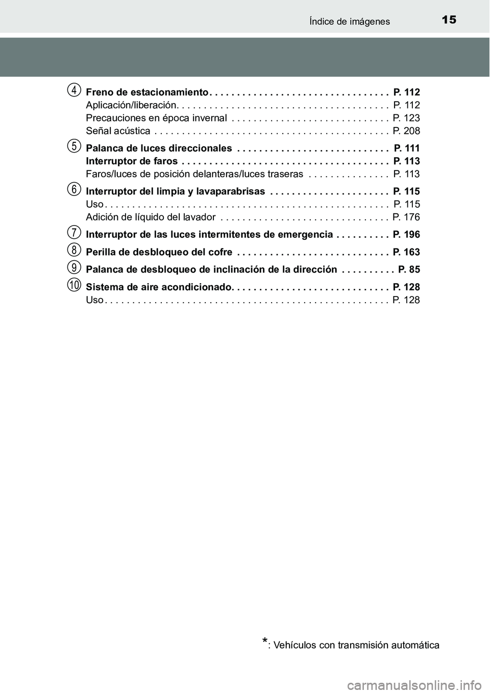 TOYOTA AVANZA 2016  Manual del propietario (in Spanish) 15Índice de imágenes
Freno de estacionamiento . . . . . . . . . . . . . . . . . . . . . . . . . . . . . . . . .  P. 112
Aplicación/liberación. . . . . . . . . . . . . . . . . . . . . . . . . . . .