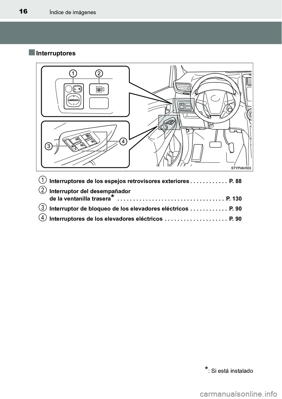 TOYOTA AVANZA 2016  Manual del propietario (in Spanish) 16Índice de imágenes
■Interruptores
Interruptores de los espejos retrovisores exteriores . . . . . . . . . . . .  P. 88
Interruptor del desempañador 
de la ventanilla trasera
* . . . . . . . . . 