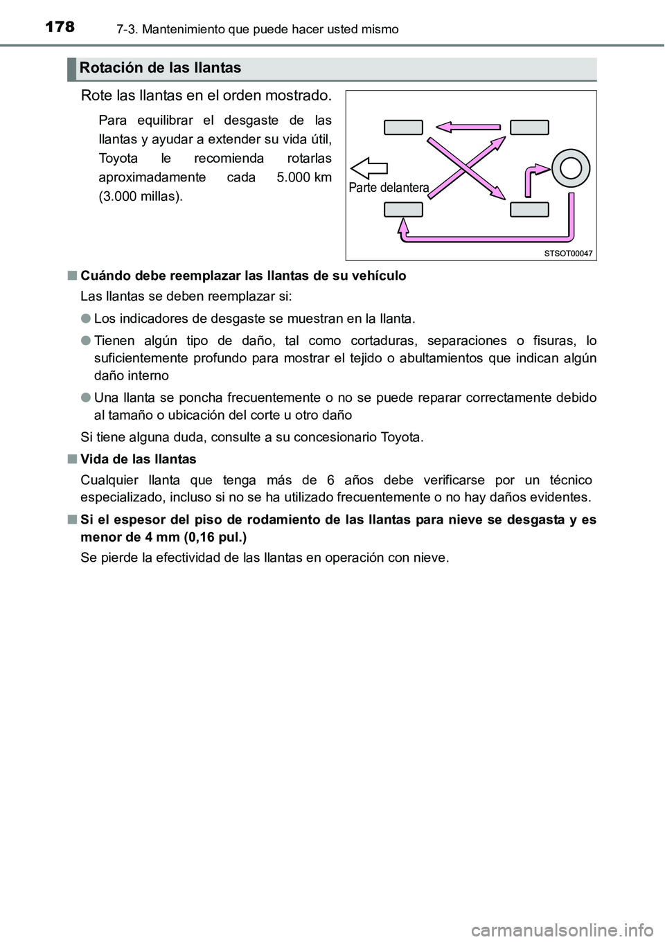 TOYOTA AVANZA 2016  Manual del propietario (in Spanish) 1787-3. Mantenimiento que puede hacer usted mismo
Rote las llantas en el orden mostrado.
Para equilibrar el desgaste de las
llantas y ayudar a extender su vida útil,
Toyota le recomienda rotarlas
apr
