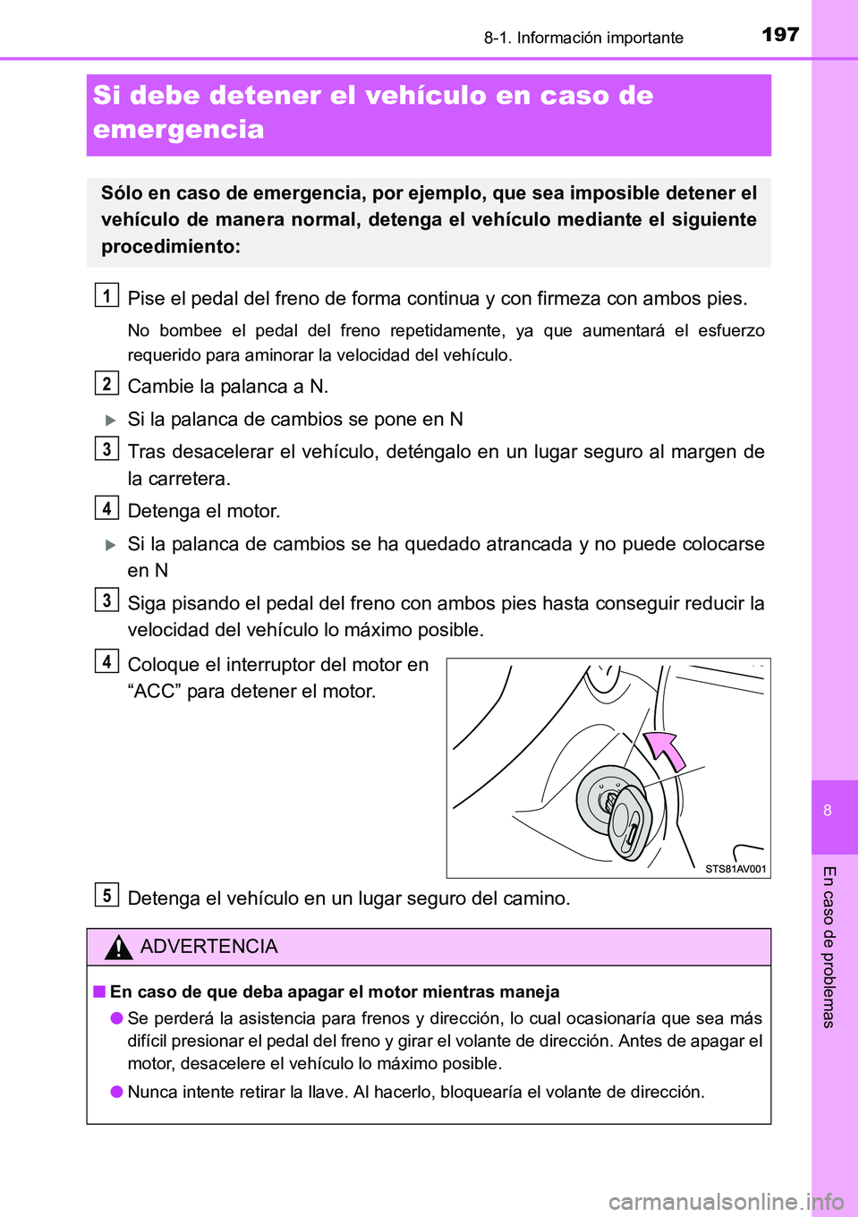 TOYOTA AVANZA 2016  Manual del propietario (in Spanish) 1978-1. Información importante
8
En caso de problemas
Si debe detener el vehículo en caso de 
emergencia
Pise el pedal del freno de forma continua y con firmeza con ambos pies.
No bombee el pedal de