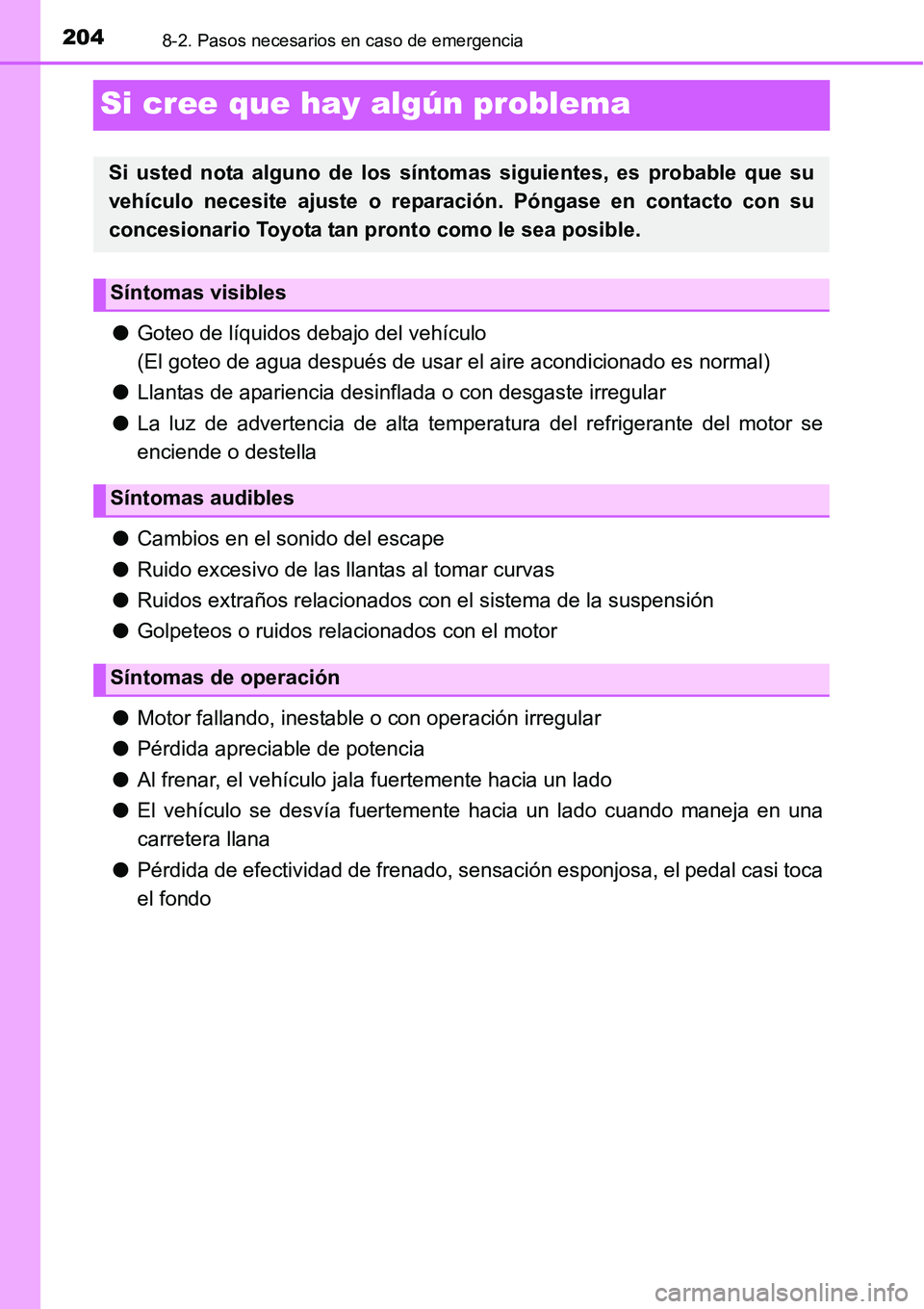 TOYOTA AVANZA 2016  Manual del propietario (in Spanish) 2048-2. Pasos necesarios en caso de emergencia
Si cree que hay algún problema
●Goteo de líquidos debajo del vehículo
(El goteo de agua después de usar el aire acondicionado es normal)
● Llanta