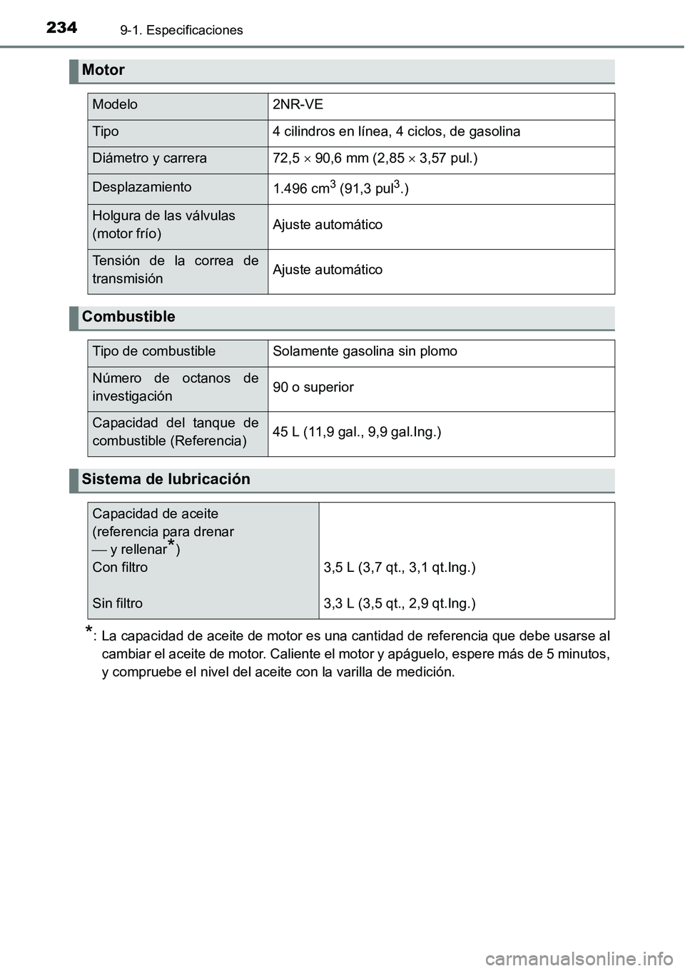 TOYOTA AVANZA 2016  Manual del propietario (in Spanish) 2349-1. Especificaciones
*: La capacidad de aceite de motor es una cantidad de referencia que debe usarse alcambiar el aceite de motor. Caliente el motor y apáguelo, espere más de 5 minutos,
y compr