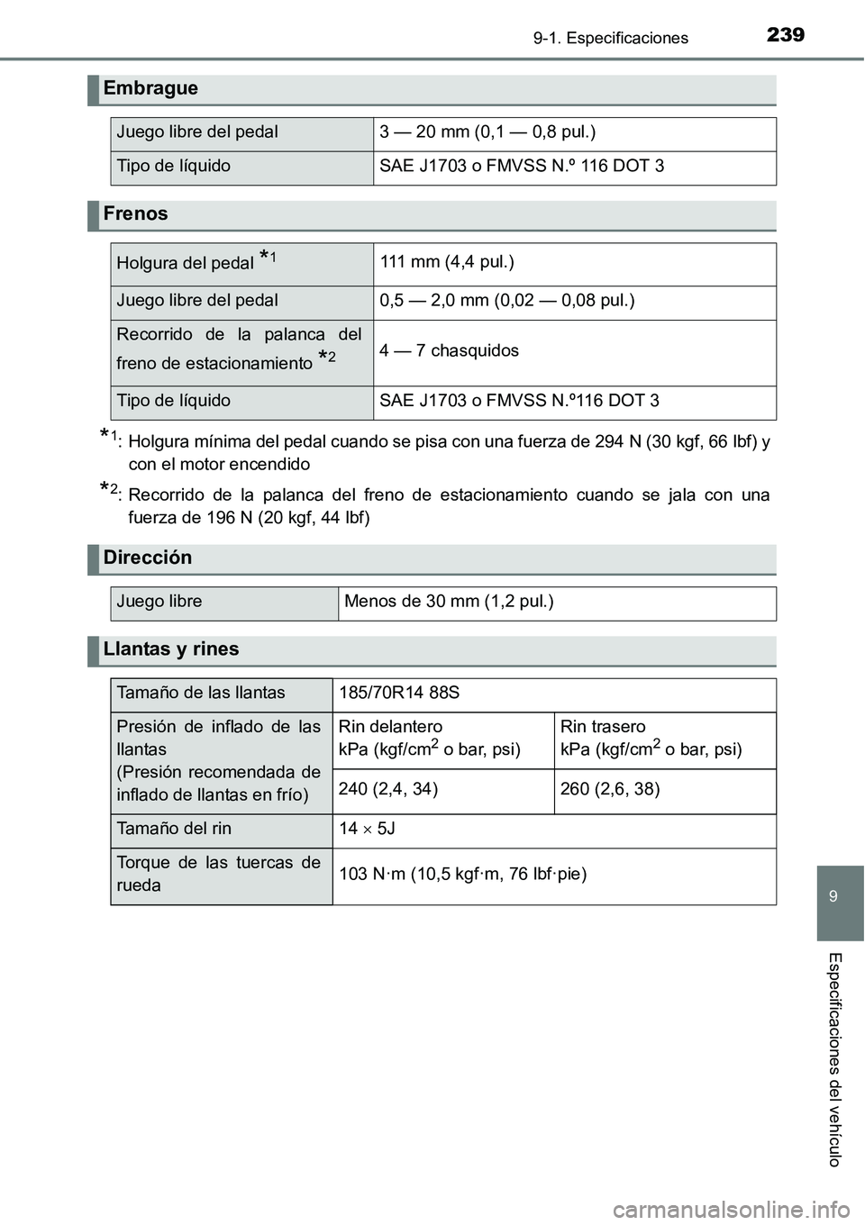 TOYOTA AVANZA 2016  Manual del propietario (in Spanish) 2399-1. Especificaciones
9
Especificaciones del vehículo
*1: Holgura mínima del pedal cuando se pisa con una fuerza de 294 N (30 kgf, 66 lbf) ycon el motor encendido
*2: Recorrido de la palanca del 