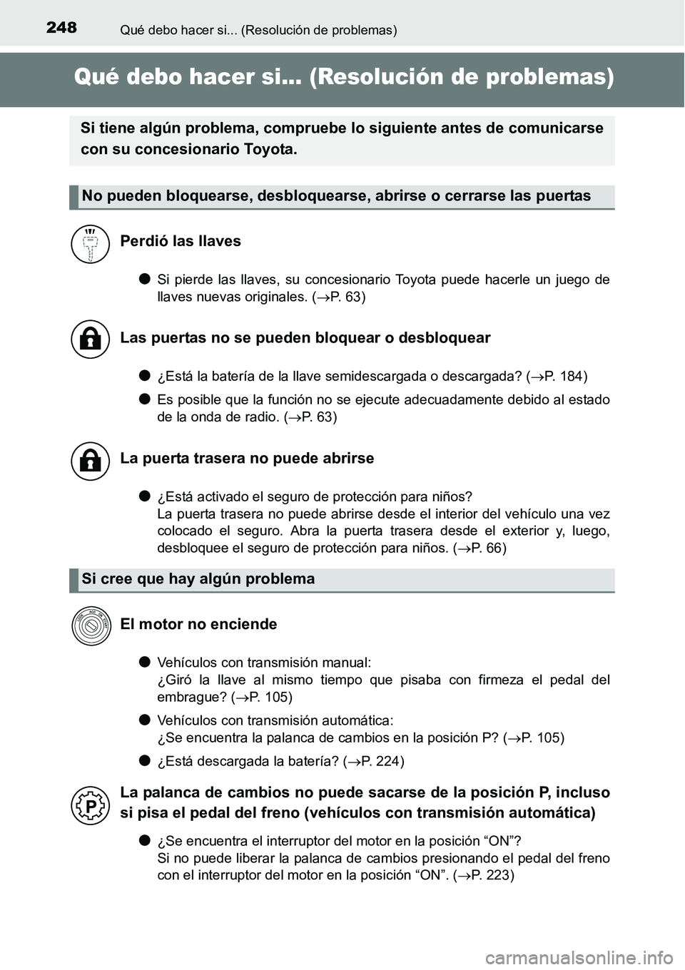 TOYOTA AVANZA 2016  Manual del propietario (in Spanish) 248Qué debo hacer si... (Resolución de problemas)
Qué debo hacer si... (Resolución de problemas)
●Si pierde las llaves, su concesionario Toyota puede hacerle un juego de
llaves nuevas originales