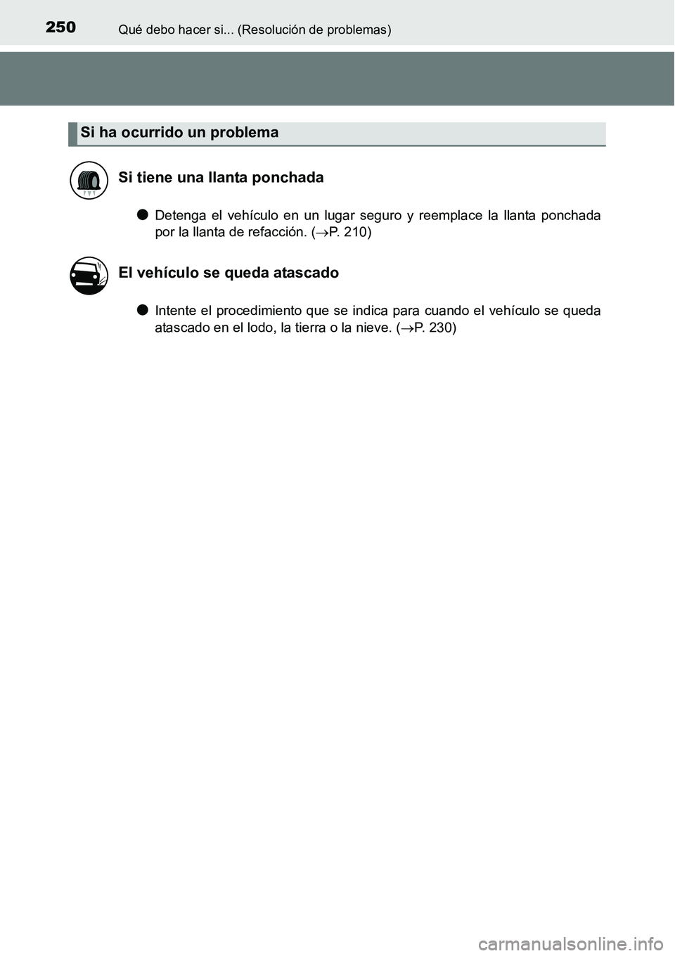 TOYOTA AVANZA 2016  Manual del propietario (in Spanish) 250Qué debo hacer si... (Resolución de problemas)
●Detenga el vehículo en un lugar seguro y reemplace la llanta ponchada
por la llanta de refacción. ( P. 210)
●Intente el procedimiento que 