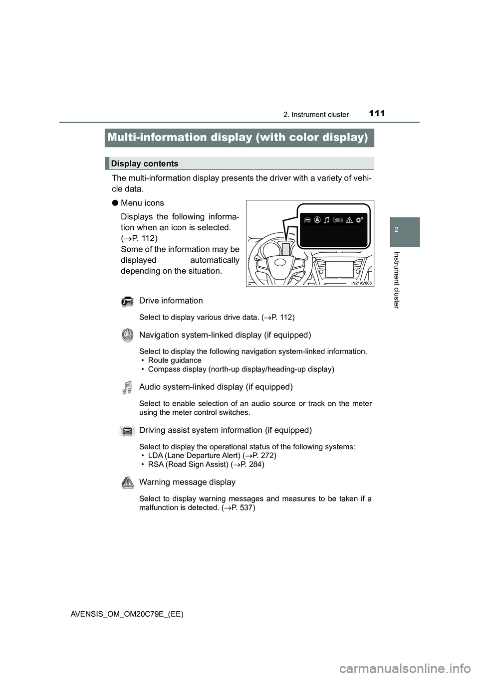 TOYOTA AVENSIS 2018  Owners Manual 111
2
2. Instrument cluster
Instrument cluster
AVENSIS_OM_OM20C79E_(EE)
Multi-information display (with color display)
The multi-information display presents the driver with a variety of vehi-
cle dat
