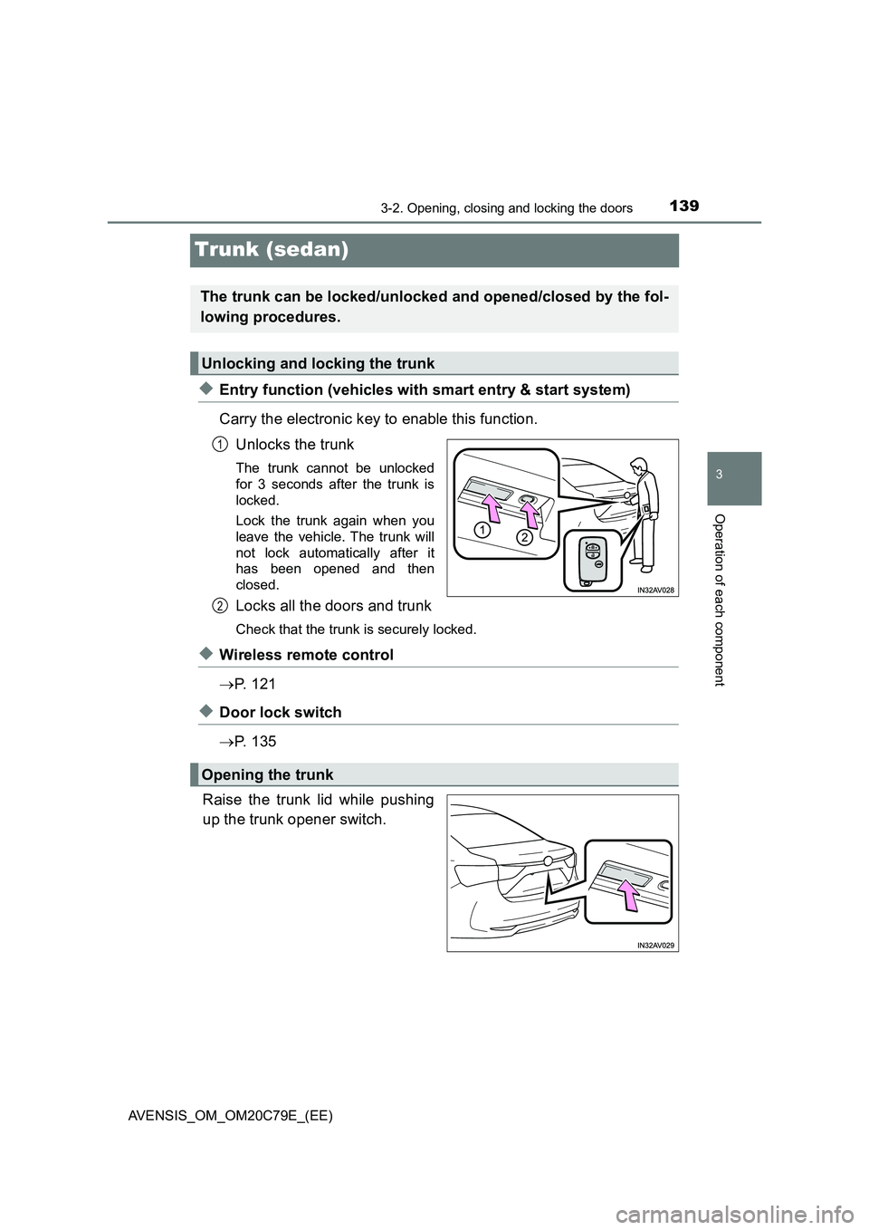 TOYOTA AVENSIS 2018  Owners Manual 139
3
3-2. Opening, closing and locking the doors
Operation of each component
AVENSIS_OM_OM20C79E_(EE)
Trunk (sedan)
◆Entry function (vehicles with smart entry & start system) 
Carry the electronic 