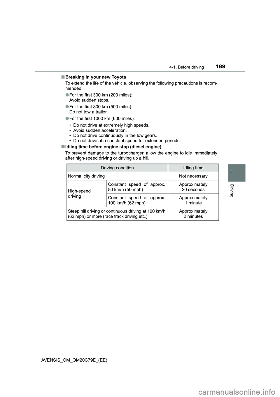TOYOTA AVENSIS 2018 Owners Manual 1894-1. Before driving
4
Driving
AVENSIS_OM_OM20C79E_(EE)■Breaking in your new Toyota
To extend the life of the vehicle, observing the following precautions is recom-
mended:
●For the first 300 km TOYOTA AVENSIS 2018 Owners Manual 1894-1. Before driving
4
Driving
AVENSIS_OM_OM20C79E_(EE)■Breaking in your new Toyota
To extend the life of the vehicle, observing the following precautions is recom-
mended:
●For the first 300 km