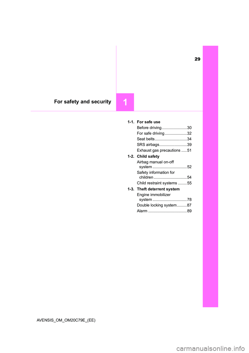 TOYOTA AVENSIS 2018  Owners Manual 29
1For safety and security
AVENSIS_OM_OM20C79E_(EE) 
1-1. For safe use 
Before driving....................... 30 
For safe driving .................... 32 
Seat belts ............................. 34