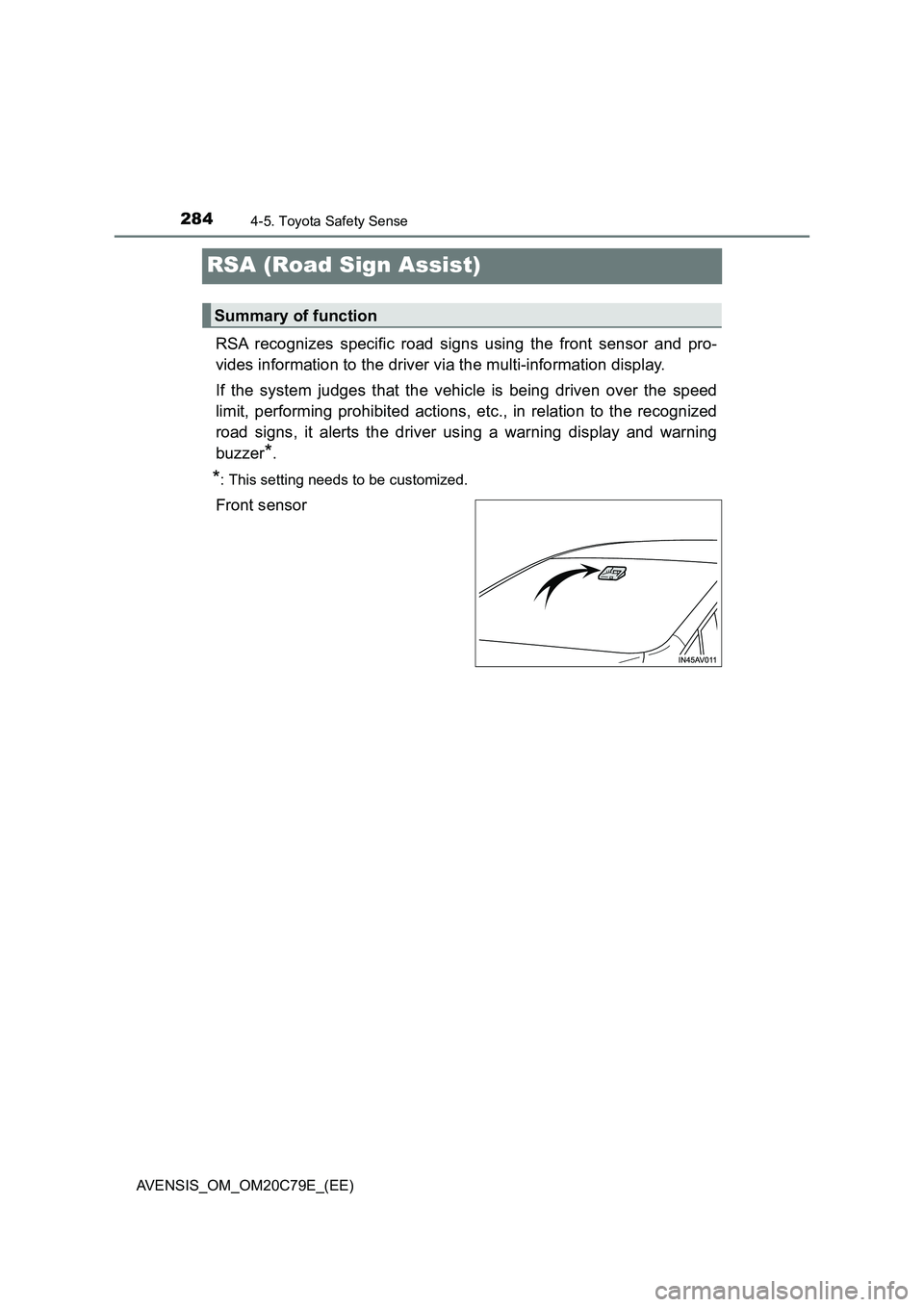 TOYOTA AVENSIS 2018  Owners Manual 2844-5. Toyota Safety Sense
AVENSIS_OM_OM20C79E_(EE)
RSA (Road Sign Assist)
RSA recognizes specific road signs using the front sensor and pro-
vides information to the driver via the multi-information