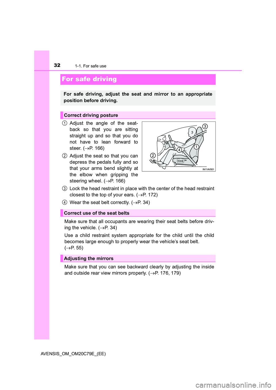 TOYOTA AVENSIS 2018  Owners Manual 321-1. For safe use
AVENSIS_OM_OM20C79E_(EE)
For safe driving
Adjust the angle of the seat- 
back so that you are sitting 
straight up and so that you do 
not have to lean forward to 
steer. ( P. 1
