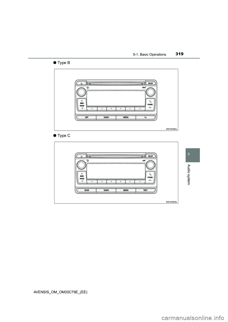 TOYOTA AVENSIS 2018  Owners Manual 3195-1. Basic Operations
5
Audio system
AVENSIS_OM_OM20C79E_(EE)
●Ty pe  B
●Ty pe  C 