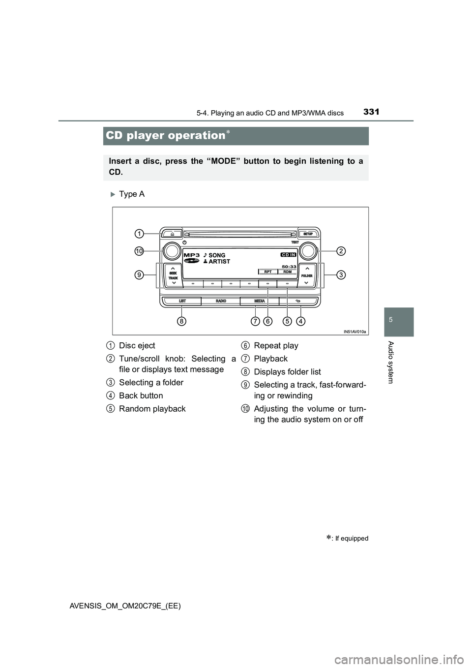 TOYOTA AVENSIS 2018  Owners Manual 331
5
5-4. Playing an audio CD and MP3/WMA discs
Audio system
AVENSIS_OM_OM20C79E_(EE)
CD player operation
Ty pe  A
: If equipped
Insert a disc, press the “MODE” button to begin listening