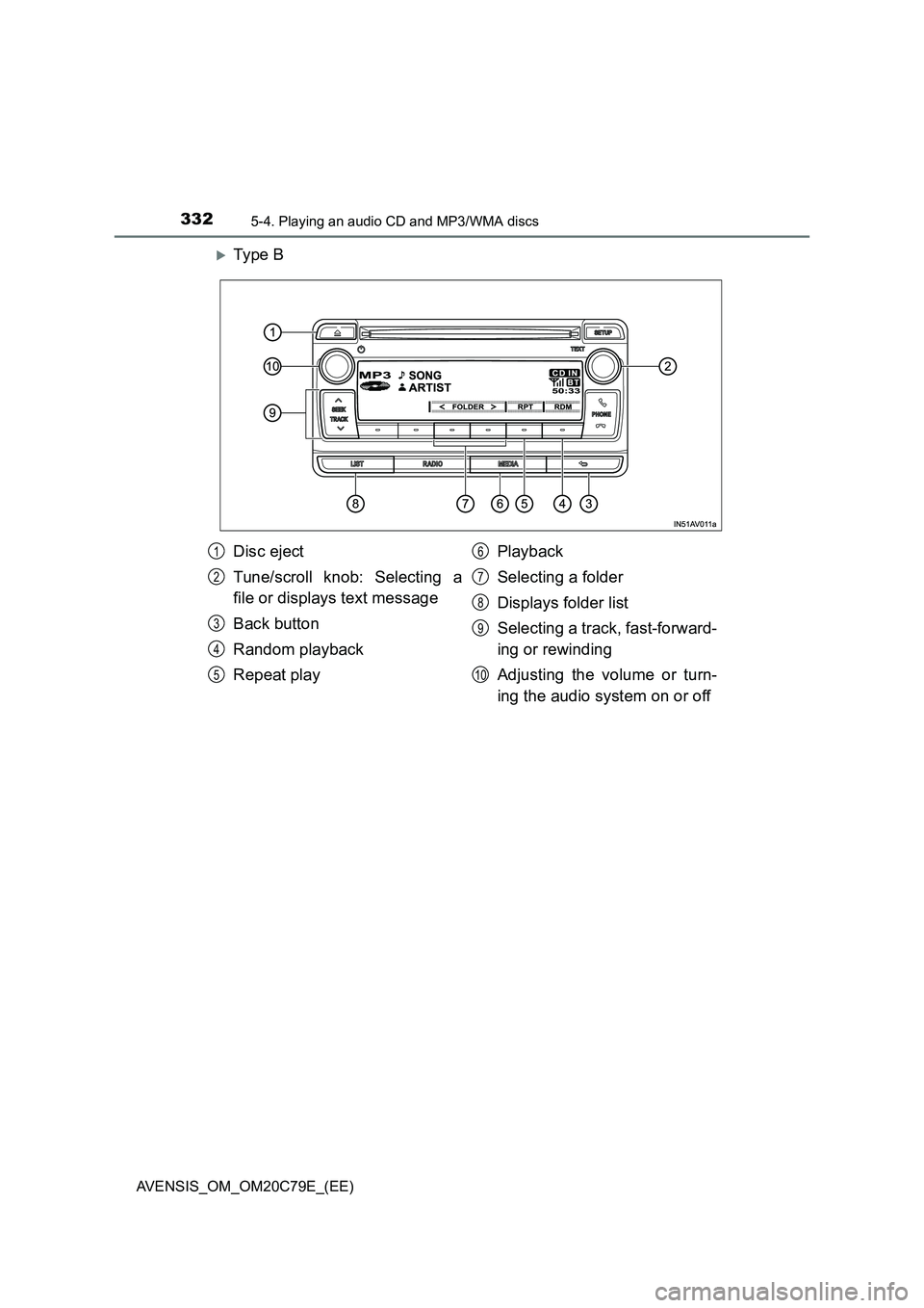 TOYOTA AVENSIS 2018  Owners Manual 3325-4. Playing an audio CD and MP3/WMA discs
AVENSIS_OM_OM20C79E_(EE)
Ty pe  B
Disc eject
Tune/scroll knob: Selecting a
file or displays text message
Back button
Random playback
Repeat playPlaybac