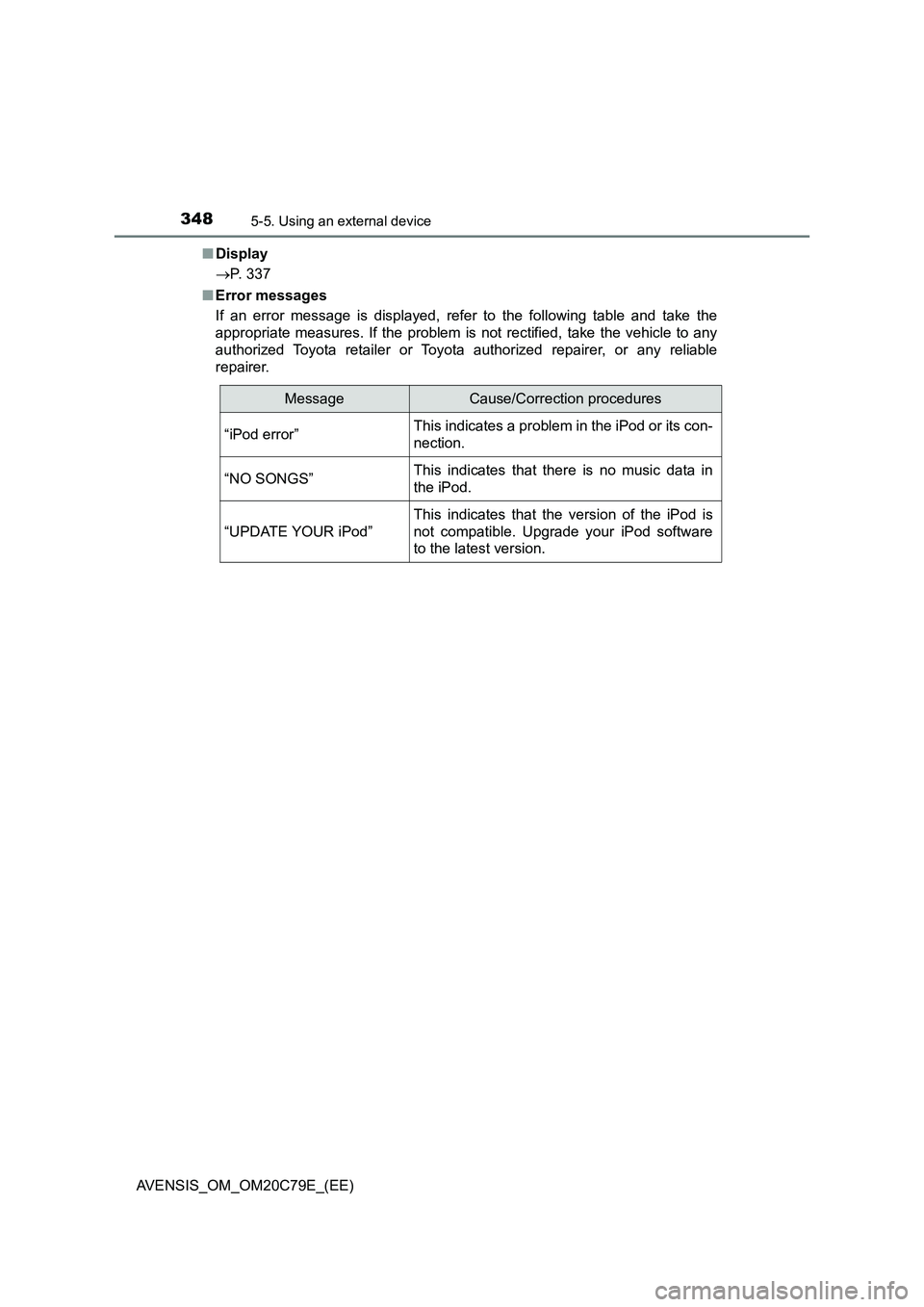 TOYOTA AVENSIS 2018  Owners Manual 3485-5. Using an external device
AVENSIS_OM_OM20C79E_(EE)■Display
P. 337
■Error messages
If an error message is displayed, refer to the following table and take the
appropriate measures. If the