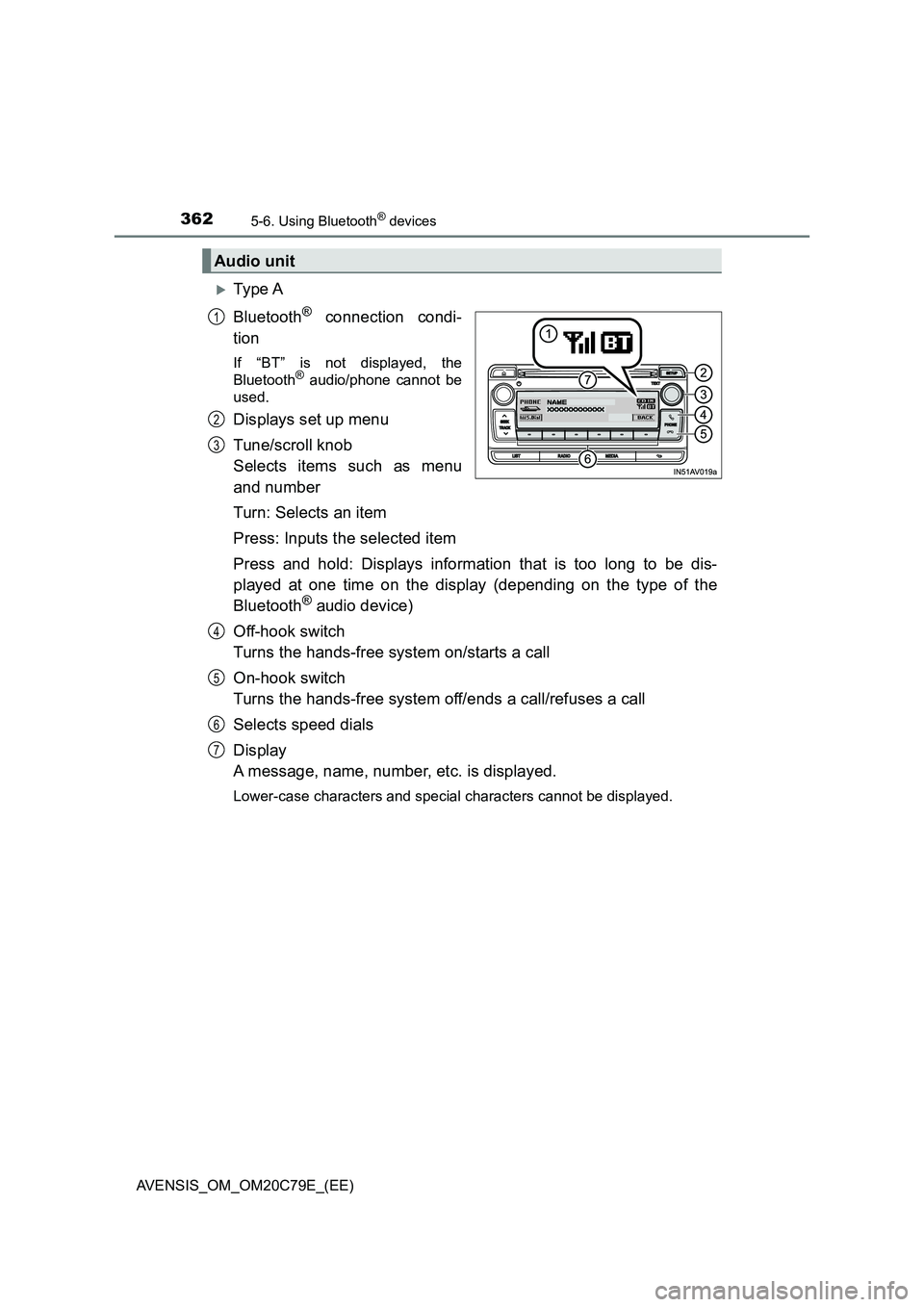TOYOTA AVENSIS 2018  Owners Manual 3625-6. Using Bluetooth® devices
AVENSIS_OM_OM20C79E_(EE)
Ty pe  A
Bluetooth
® connection condi-
tion
If “BT” is not displayed, the
Bluetooth® audio/phone cannot be
used.
Displays set up men
