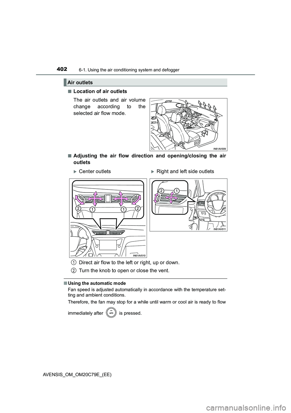 TOYOTA AVENSIS 2018  Owners Manual 4026-1. Using the air conditioning system and defogger
AVENSIS_OM_OM20C79E_(EE) 
■Location of air outlets 
The air outlets and air volume 
change according to the 
selected air flow mode.
■Adjusti