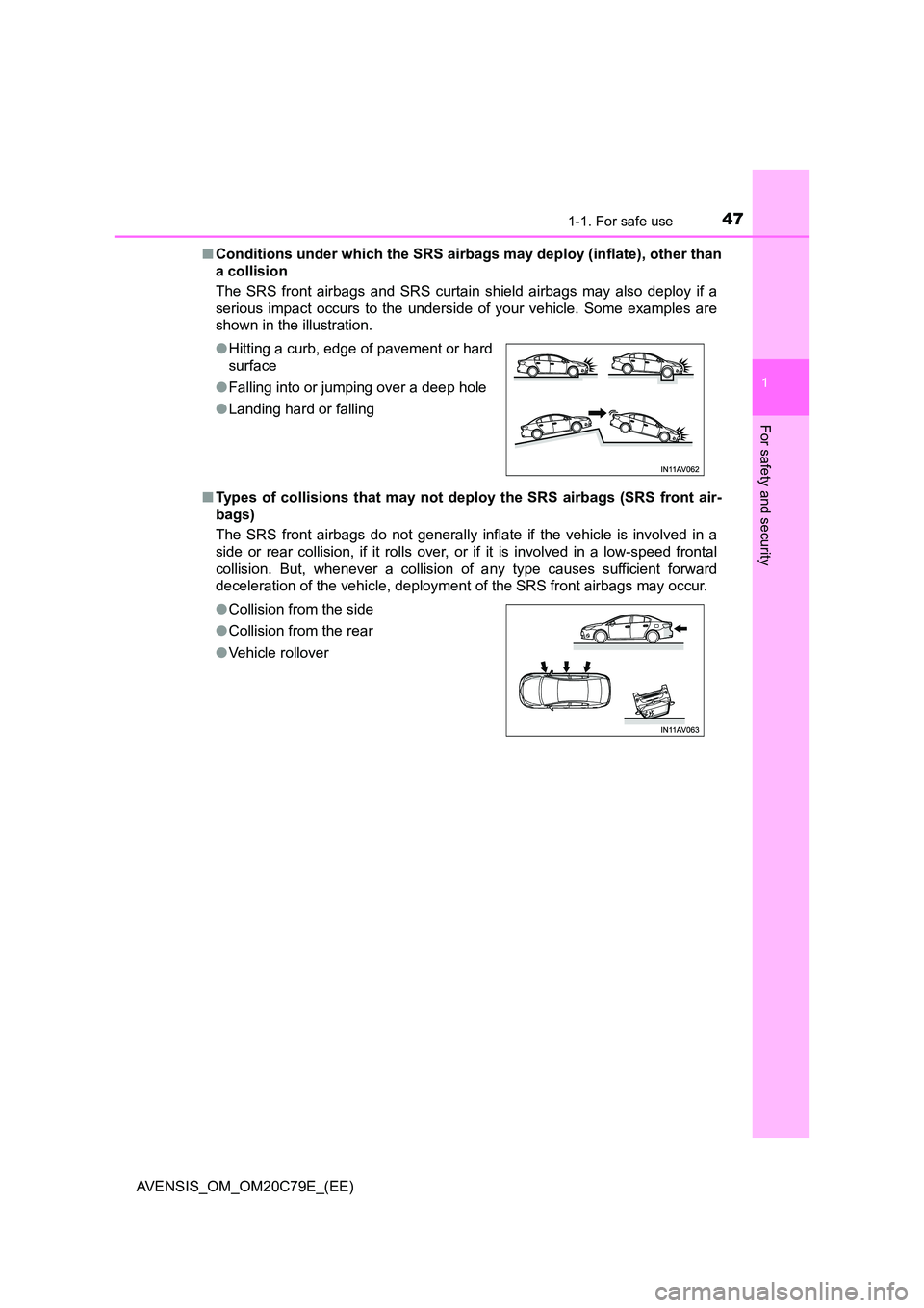 TOYOTA AVENSIS 2018  Owners Manual 471-1. For safe use
1
AVENSIS_OM_OM20C79E_(EE)
For safety and security
■Conditions under which the SRS airbags may deploy (inflate), other than 
a collision 
The SRS front airbags and SRS curtain sh