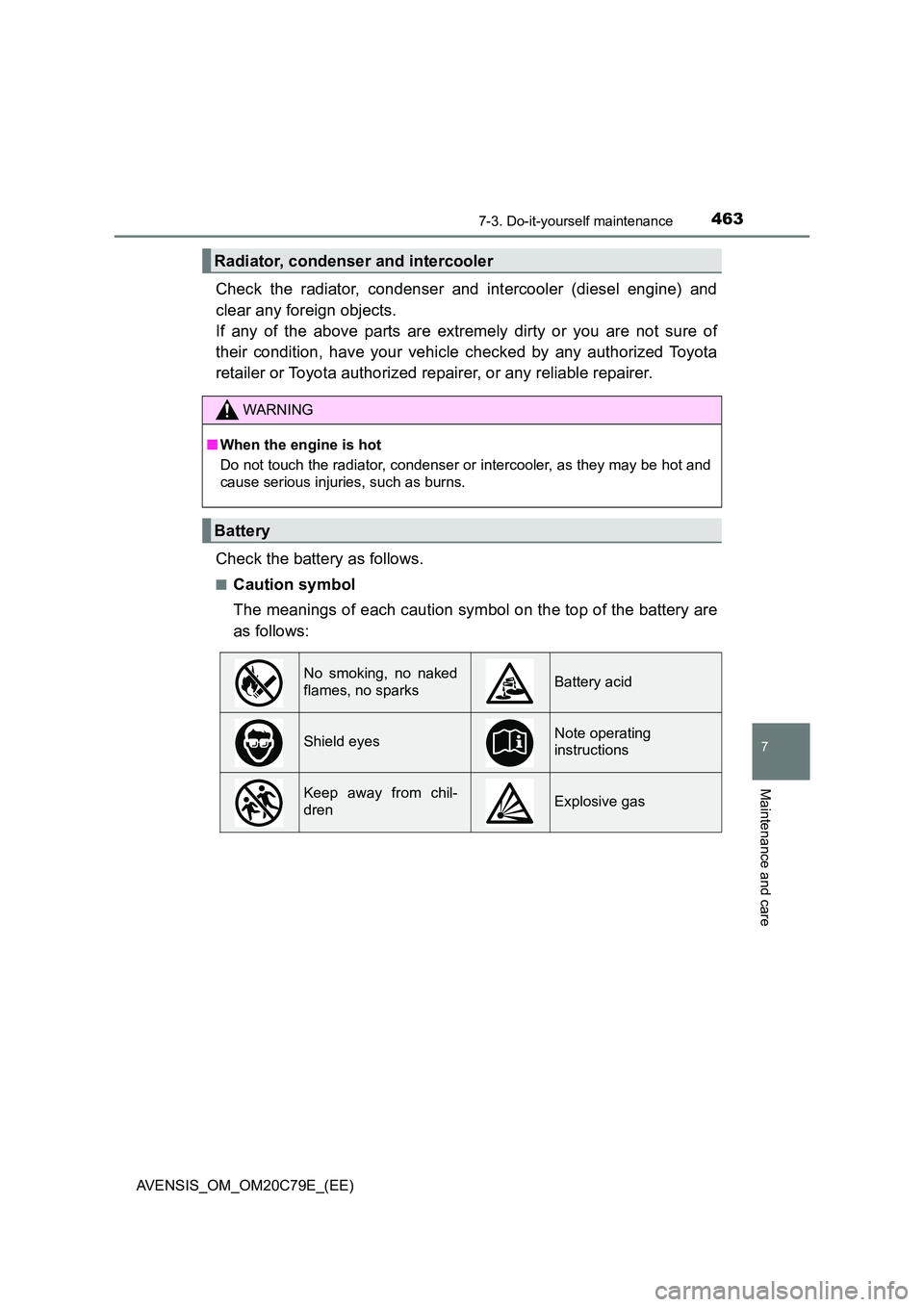 TOYOTA AVENSIS 2018  Owners Manual 4637-3. Do-it-yourself maintenance
AVENSIS_OM_OM20C79E_(EE)
7
Maintenance and care
Check the radiator, condenser and intercooler (diesel engine) and 
clear any foreign objects.  
If any of the above p