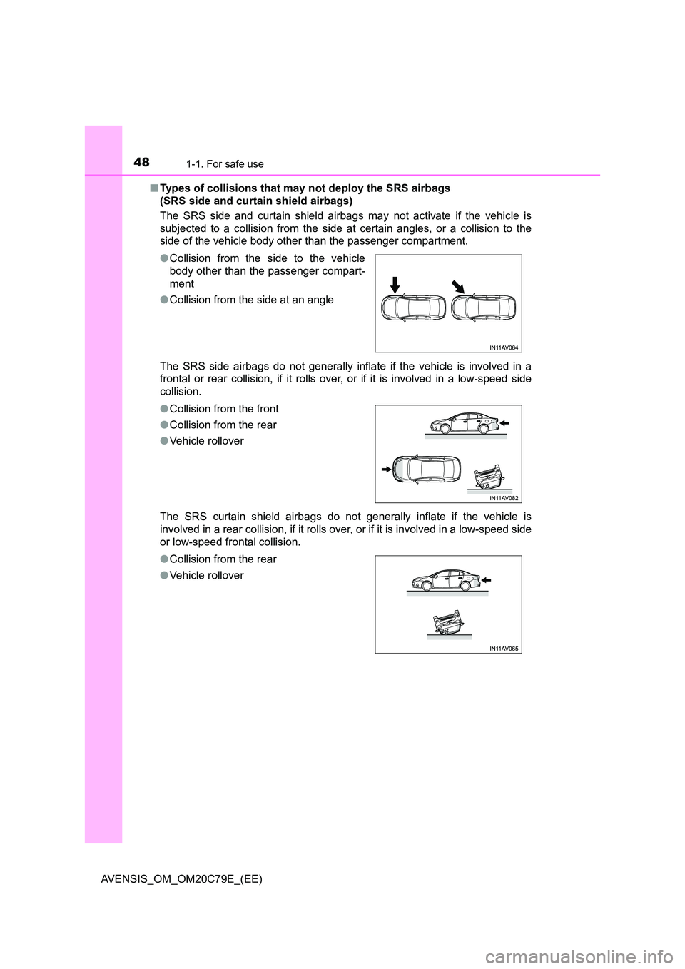 TOYOTA AVENSIS 2018  Owners Manual 481-1. For safe use
AVENSIS_OM_OM20C79E_(EE) 
■ Types of collisions that may not deploy the SRS airbags  
(SRS side and curtain shield airbags) 
The SRS side and curtain shield airbags may not activ