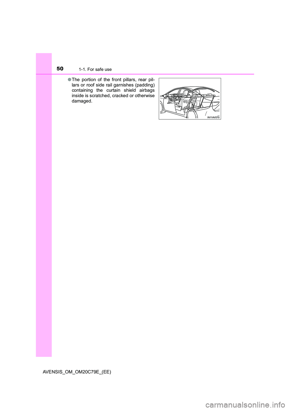 TOYOTA AVENSIS 2018  Owners Manual 501-1. For safe use
AVENSIS_OM_OM20C79E_(EE) 
● The portion of the front pillars, rear pil- 
lars or roof side rail garnishes (padding) 
containing the curtain shield airbags 
inside is scratched, c