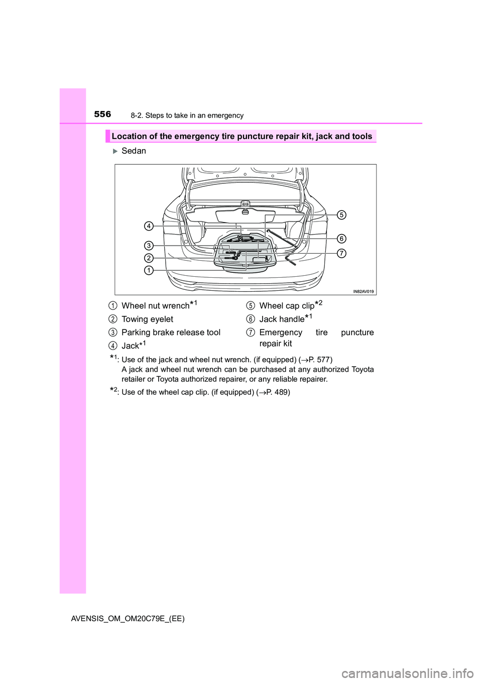 TOYOTA AVENSIS 2018  Owners Manual 5568-2. Steps to take in an emergency
AVENSIS_OM_OM20C79E_(EE)
Sedan
*1: Use of the jack and wheel nut wrench. (if equipped) (P. 577) 
A jack and wheel nut wrench can be purchased at any authori