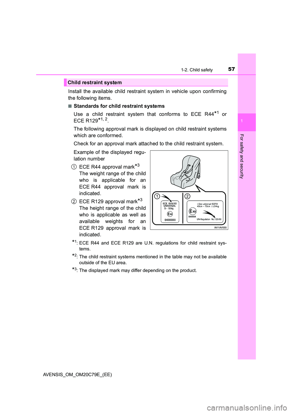 TOYOTA AVENSIS 2018 Owners Manual 571-2. Child safety
1
AVENSIS_OM_OM20C79E_(EE)
For safety and security
Install the available child restraint system in vehicle upon confirming
the following items.
■Standards for child restraint sy TOYOTA AVENSIS 2018 Owners Manual 571-2. Child safety
1
AVENSIS_OM_OM20C79E_(EE)
For safety and security
Install the available child restraint system in vehicle upon confirming
the following items.
■Standards for child restraint sy