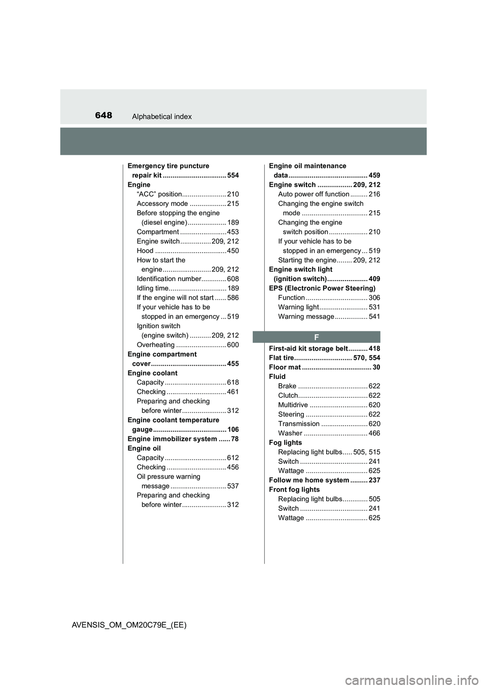 TOYOTA AVENSIS 2018  Owners Manual 648Alphabetical index
AVENSIS_OM_OM20C79E_(EE)
Emergency tire puncture 
repair kit ................................. 554
Engine
“ACC” position....................... 210
Accessory mode ...........