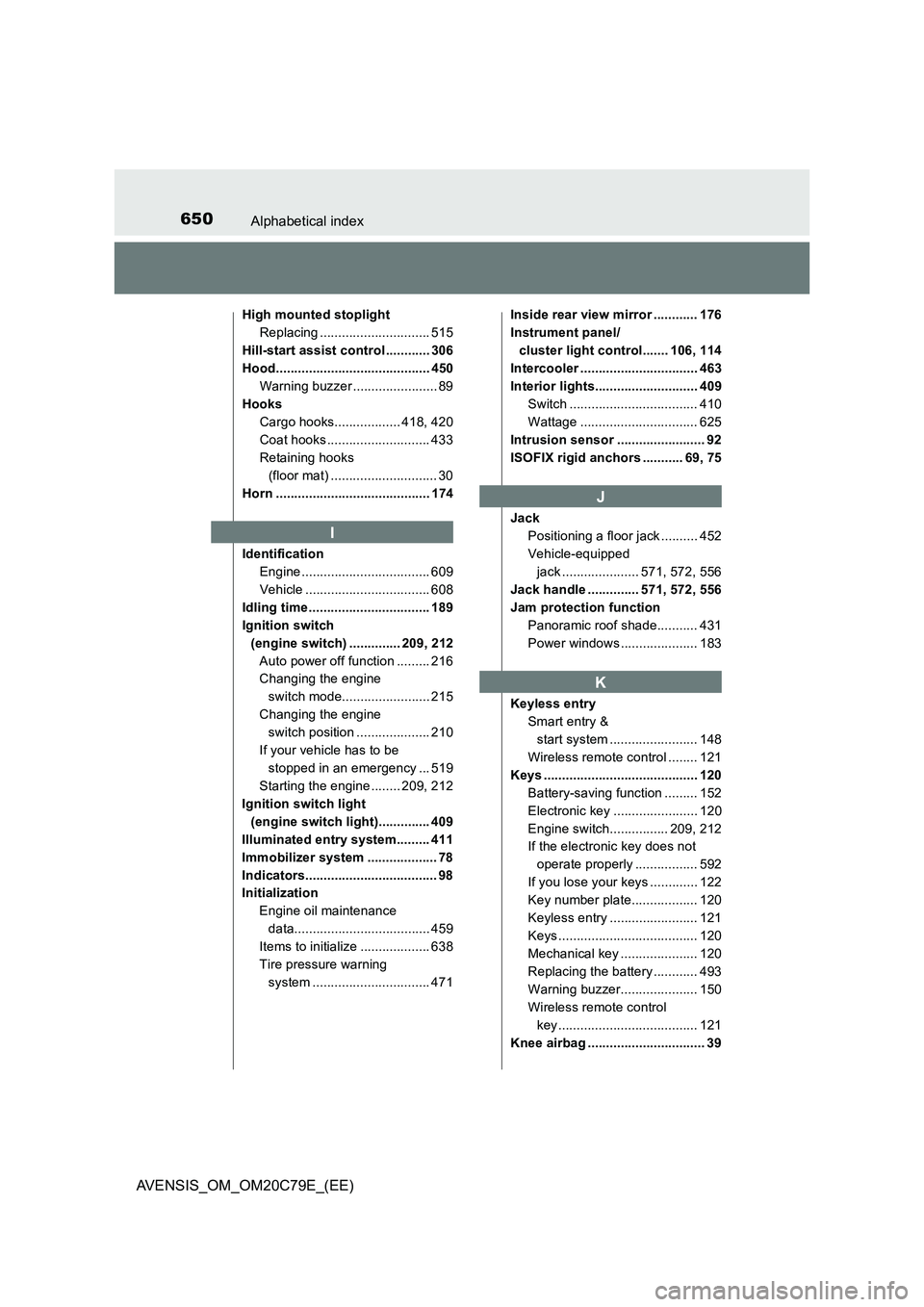 TOYOTA AVENSIS 2018  Owners Manual 650Alphabetical index
AVENSIS_OM_OM20C79E_(EE)
High mounted stoplight
Replacing .............................. 515
Hill-start assist control ............ 306
Hood......................................