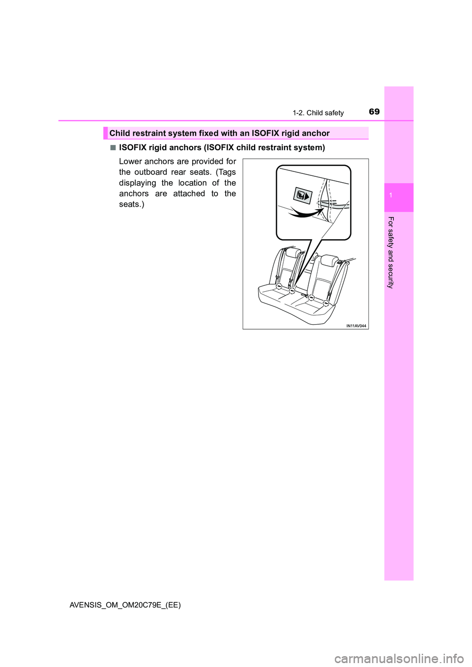 TOYOTA AVENSIS 2018  Owners Manual 691-2. Child safety
1
AVENSIS_OM_OM20C79E_(EE)
For safety and security
■ISOFIX rigid anchors (ISOFIX child restraint system) 
Lower anchors are provided for 
the outboard rear seats. (Tags 
displayi