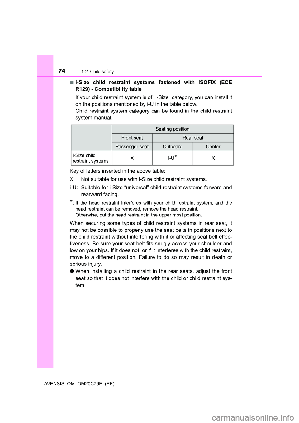 TOYOTA AVENSIS 2018 Owners Manual 741-2. Child safety
AVENSIS_OM_OM20C79E_(EE)
■i-Size child restraint systems fastened with ISOFIX (ECE
R129) - Compatibility table
If your child restraint system is of “i-Size” category, you TOYOTA AVENSIS 2018 Owners Manual 741-2. Child safety
AVENSIS_OM_OM20C79E_(EE)
■i-Size child restraint systems fastened with ISOFIX (ECE
R129) - Compatibility table
If your child restraint system is of “i-Size” category, you