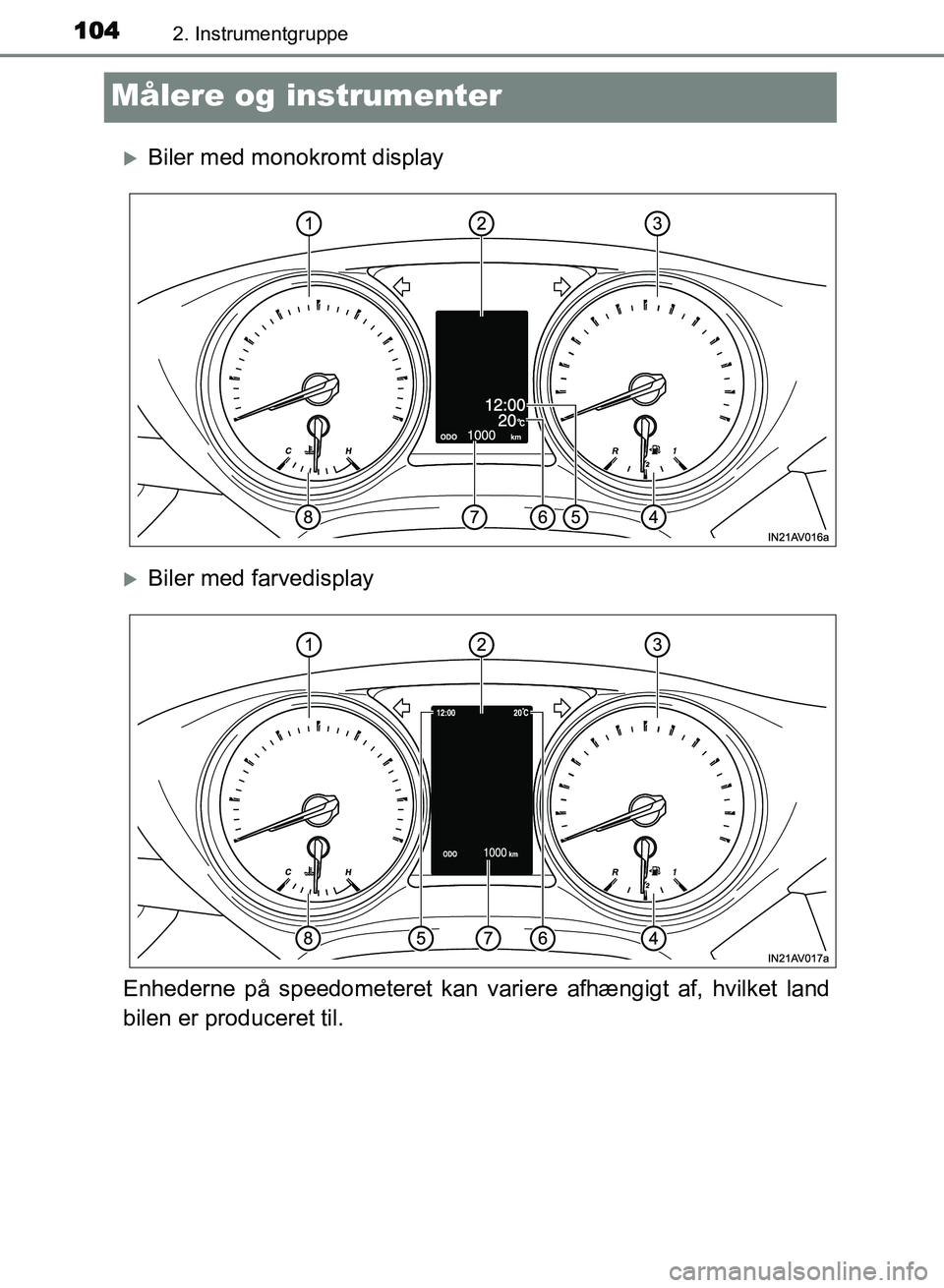 TOYOTA AVENSIS 2018  Brugsanvisning (in Danish) 1042. Instrumentgruppe
AVENSIS OM20C79DK
Målere og instrumenter
Biler med monokromt display
Biler med farvedisplay
Enhederne på speedometeret kan vari ere afhængigt af, hvilket land
bilen er 
