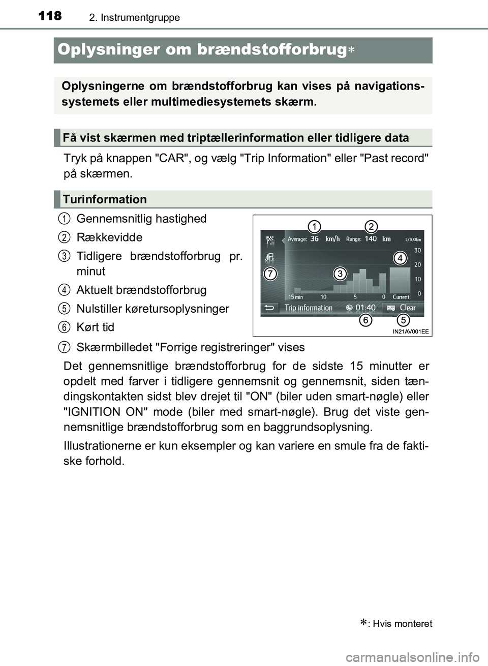 TOYOTA AVENSIS 2018 Brugsanvisning (in Danish) 1182. Instrumentgruppe
AVENSIS OM20C79DK
Oplysninger om brændstofforbrug
Tryk på knappen "CAR", og vælg "Trip Information" eller "Past record"
på skærmen.
Gennemsnitlig hastighed
Rækkevidde
T TOYOTA AVENSIS 2018 Brugsanvisning (in Danish) 1182. Instrumentgruppe
AVENSIS OM20C79DK
Oplysninger om brændstofforbrug
Tryk på knappen "CAR", og vælg "Trip Information" eller "Past record"
på skærmen.
Gennemsnitlig hastighed
Rækkevidde
T