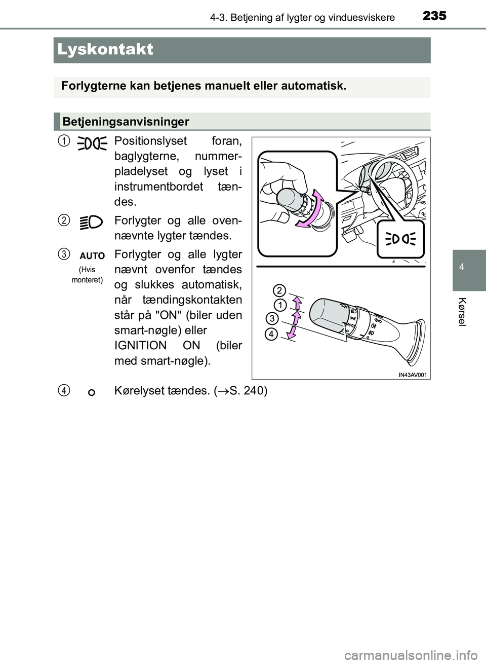 TOYOTA AVENSIS 2018  Brugsanvisning (in Danish) 235
4
4-3. Betjening af lygter og vinduesviskere
Kørsel
AVENSIS OM20C79DK
Lyskontakt
Positionslyset foran,
baglygterne, nummer-
pladelyset og lyset i
instrumentbordet tæn-
des.
Forlygter og alle ove