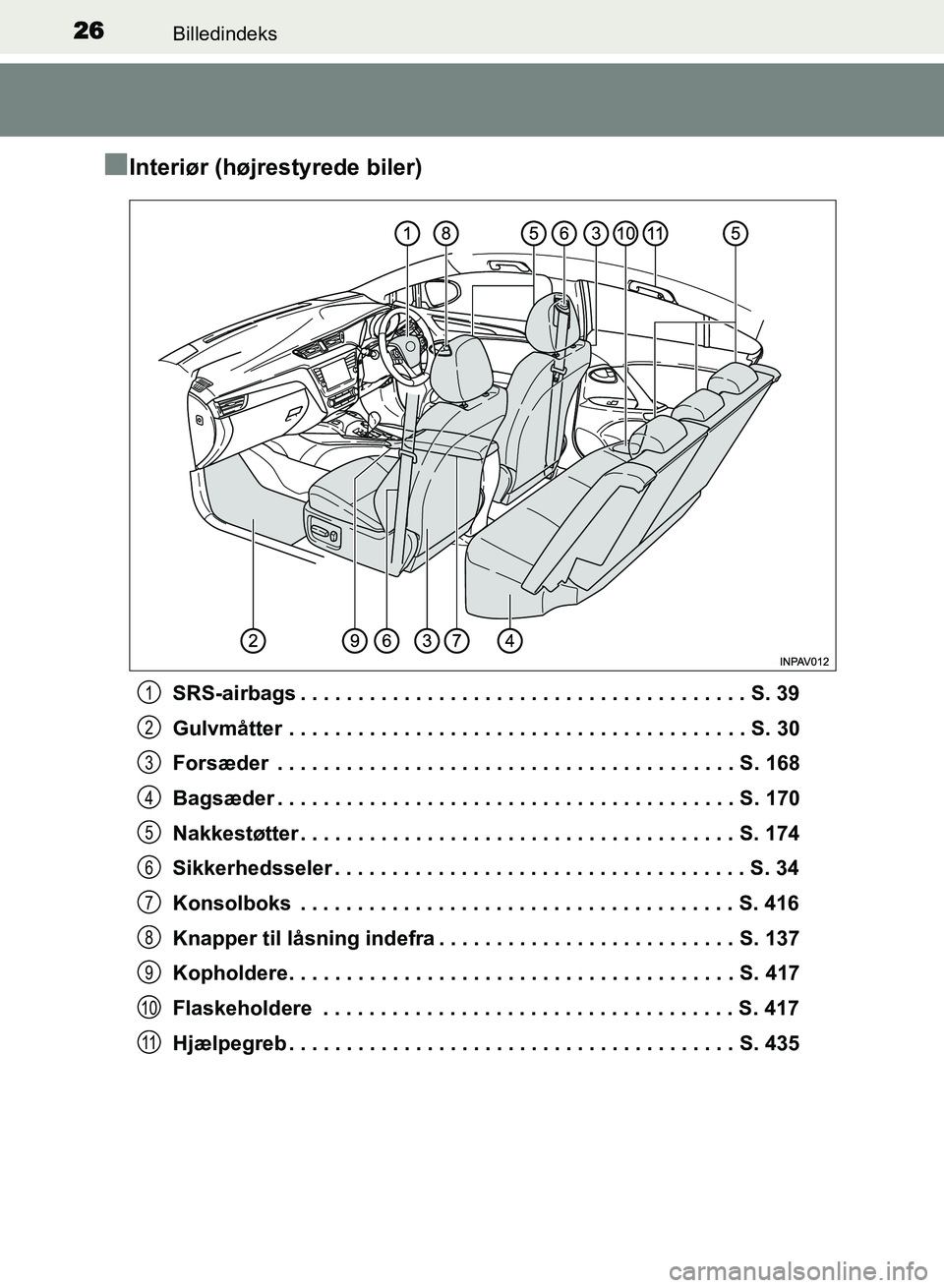TOYOTA AVENSIS 2018 Brugsanvisning (in Danish) 26Billedindeks
AVENSIS OM20C79DK
nInteriør (højrestyrede biler)
SRS-airbags . . . . . . . . . . . . . . . . . . . . . . . . . . . . . . . . . . . . . . . S. 39
Gulvmåtter . . . . . . . . . . . . . TOYOTA AVENSIS 2018 Brugsanvisning (in Danish) 26Billedindeks
AVENSIS OM20C79DK
nInteriør (højrestyrede biler)
SRS-airbags . . . . . . . . . . . . . . . . . . . . . . . . . . . . . . . . . . . . . . . S. 39
Gulvmåtter . . . . . . . . . . . . .