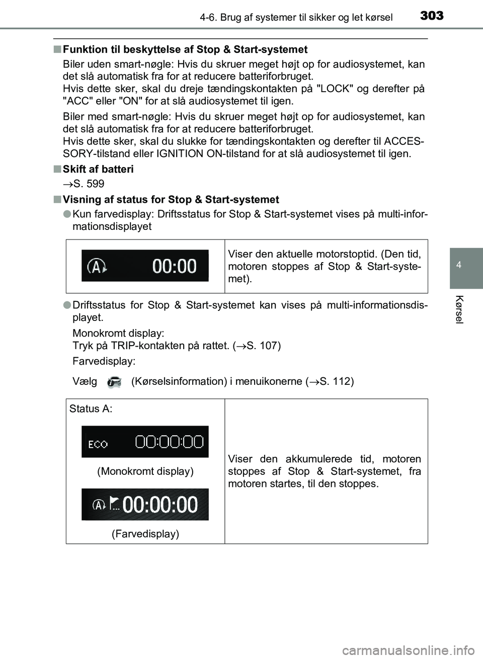 TOYOTA AVENSIS 2018 Brugsanvisning (in Danish) 3034-6. Brug af systemer til sikker og let kørsel
4
Kørsel
AVENSIS OM20C79DK
nFunktion til beskyttelse af Stop & Start-systemet
Biler uden smart-nøgle: Hvis du skruer meget højt op for audiosystem TOYOTA AVENSIS 2018 Brugsanvisning (in Danish) 3034-6. Brug af systemer til sikker og let kørsel
4
Kørsel
AVENSIS OM20C79DK
nFunktion til beskyttelse af Stop & Start-systemet
Biler uden smart-nøgle: Hvis du skruer meget højt op for audiosystem