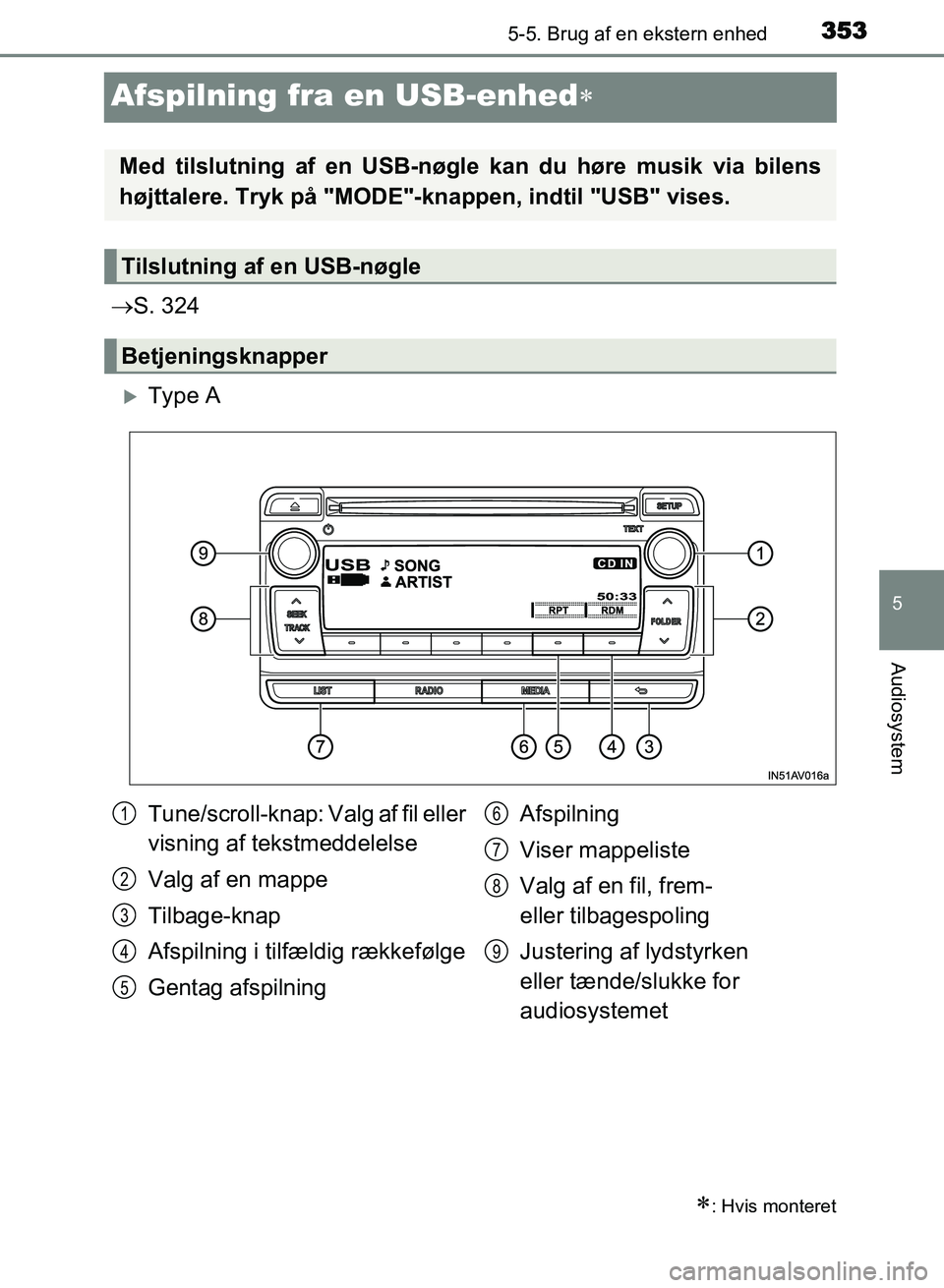 TOYOTA AVENSIS 2018  Brugsanvisning (in Danish) 353
5
5-5. Brug af en ekstern enhed
Audiosystem
AVENSIS OM20C79DK
Afspilning fra en USB-enhed
S. 324
Type A
: Hvis monteret
Med tilslutning af en USB-nøgle kan du høre musik via bilens
h