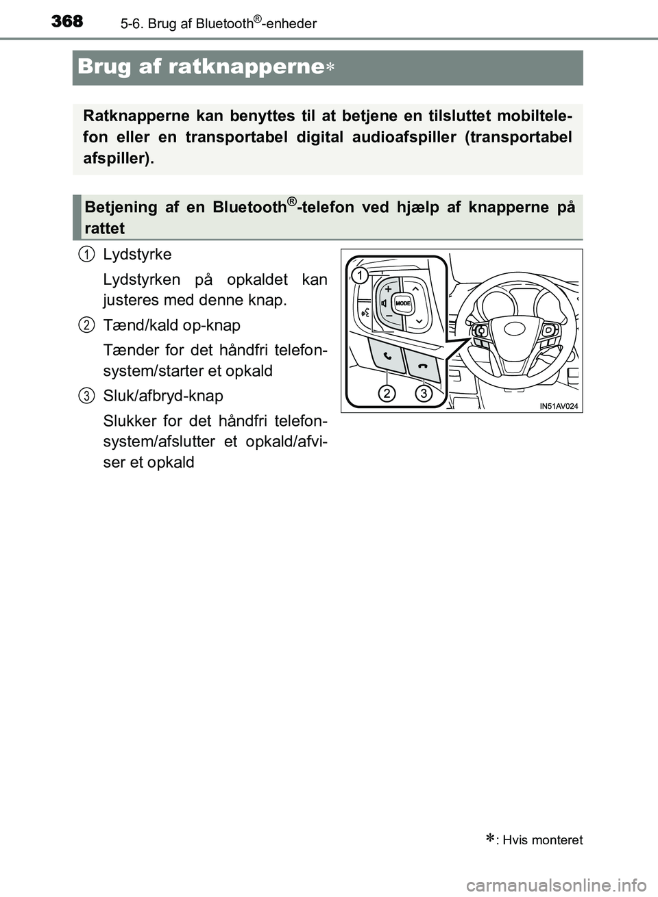 TOYOTA AVENSIS 2018  Brugsanvisning (in Danish) 3685-6. Brug af Bluetooth®-enheder
AVENSIS OM20C79DK
Brug af ratknapperne
Lydstyrke
Lydstyrken på opkaldet kan
justeres med denne knap.
Tænd/kald op-knap
Tænder for det håndfri telefon-
system