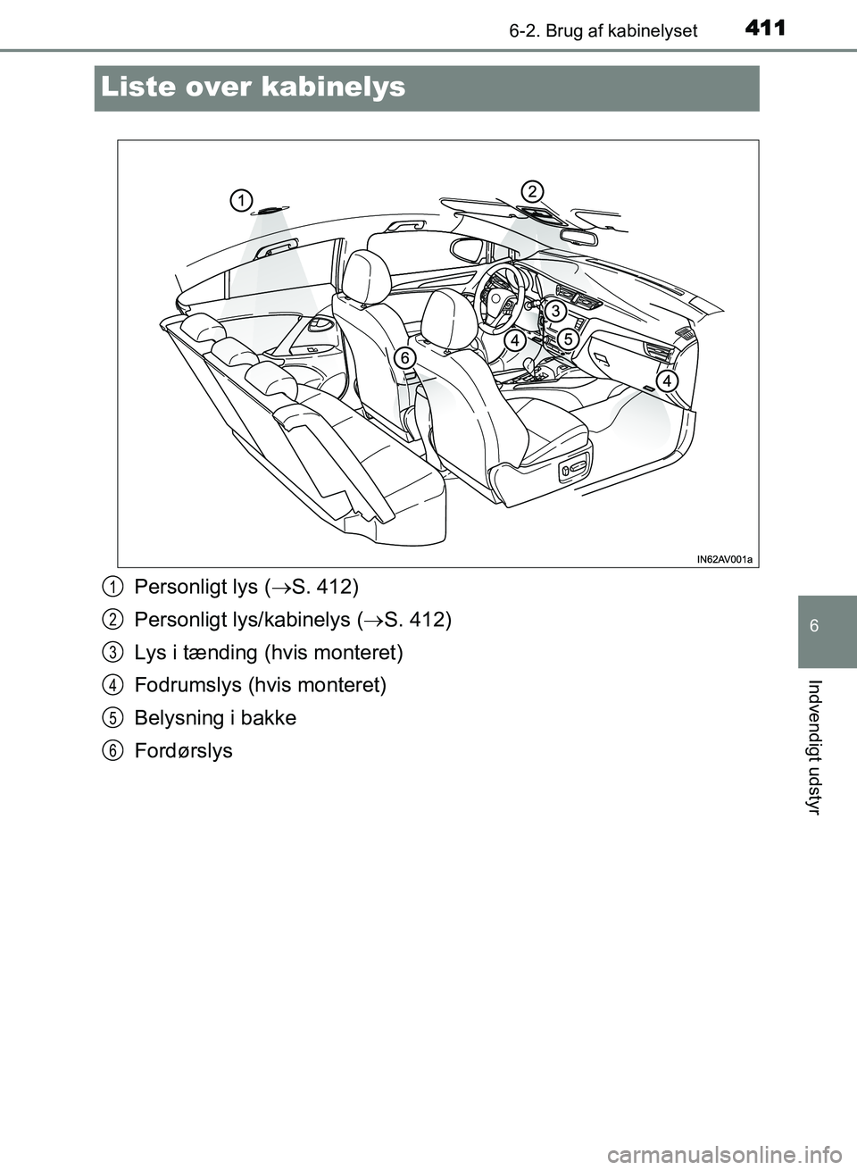 TOYOTA AVENSIS 2018  Brugsanvisning (in Danish) 4116-2. Brug af kabinelyset
AVENSIS OM20C79DK
6
Indvendigt udstyr
Liste over kabinelys
Personligt lys (S. 412)
Personligt lys/kabinelys ( S. 412)
Lys i tænding (hvis monteret)
Fodrumslys (hvis 