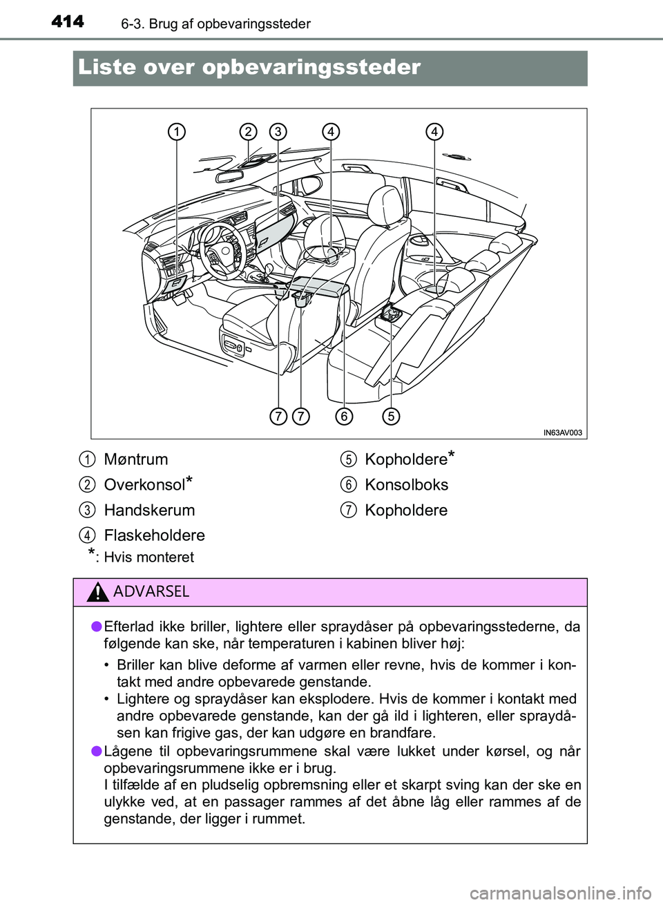 TOYOTA AVENSIS 2018 Brugsanvisning (in Danish) 4146-3. Brug af opbevaringssteder
AVENSIS OM20C79DK
Liste over opbevaringssteder
*: Hvis monteret
Møntrum
Overkonsol
*
Handskerum
Flaskeholdere Kopholdere
*
Konsolboks
Kopholdere
ADVARSEL
l
Efterlad TOYOTA AVENSIS 2018 Brugsanvisning (in Danish) 4146-3. Brug af opbevaringssteder
AVENSIS OM20C79DK
Liste over opbevaringssteder
*: Hvis monteret
Møntrum
Overkonsol
*
Handskerum
Flaskeholdere Kopholdere
*
Konsolboks
Kopholdere
ADVARSEL
l
Efterlad