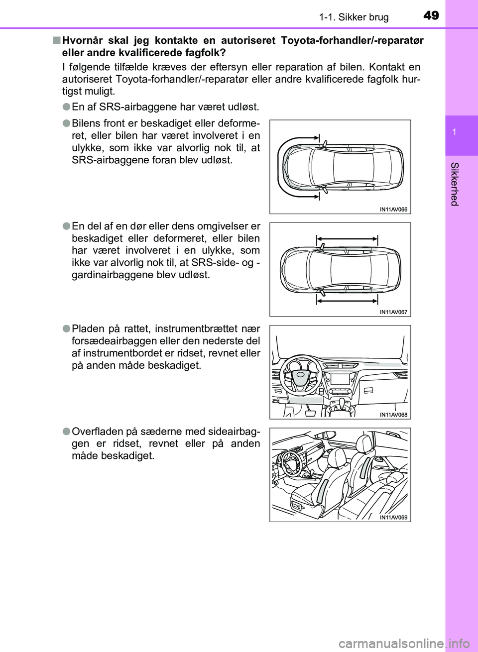 TOYOTA AVENSIS 2018 Brugsanvisning (in Danish) 491-1. Sikker brug
1
AVENSIS OM20C79DK
Sikkerhed
nHvornår skal jeg kontakte en autoriseret Toyota-forhandler/-reparatør
eller andre kvalificerede fagfolk?
I følgende tilfælde kræves der eftersyn TOYOTA AVENSIS 2018 Brugsanvisning (in Danish) 491-1. Sikker brug
1
AVENSIS OM20C79DK
Sikkerhed
nHvornår skal jeg kontakte en autoriseret Toyota-forhandler/-reparatør
eller andre kvalificerede fagfolk?
I følgende tilfælde kræves der eftersyn